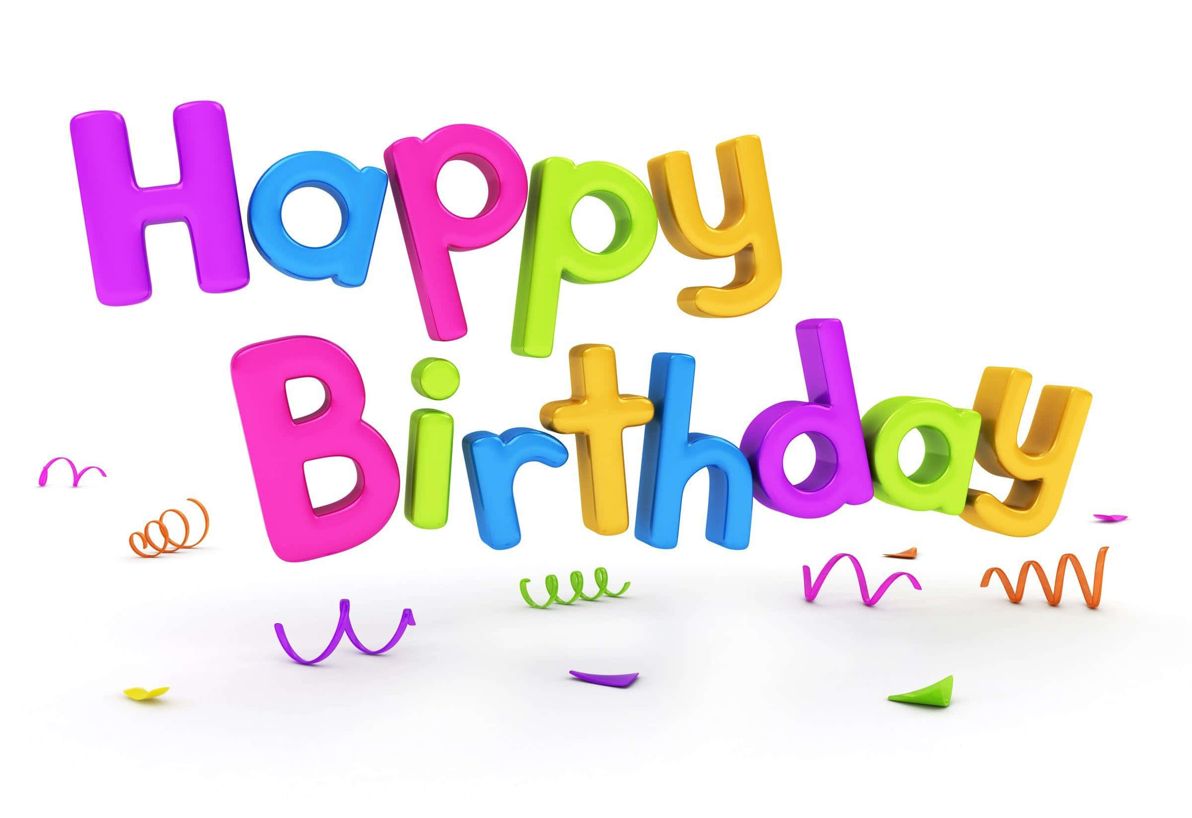 生日快樂 桌布 壁紙 — 白色背景上散落著彩虹色的立體 'Happy Birthday' 字母和五彩紙屑。