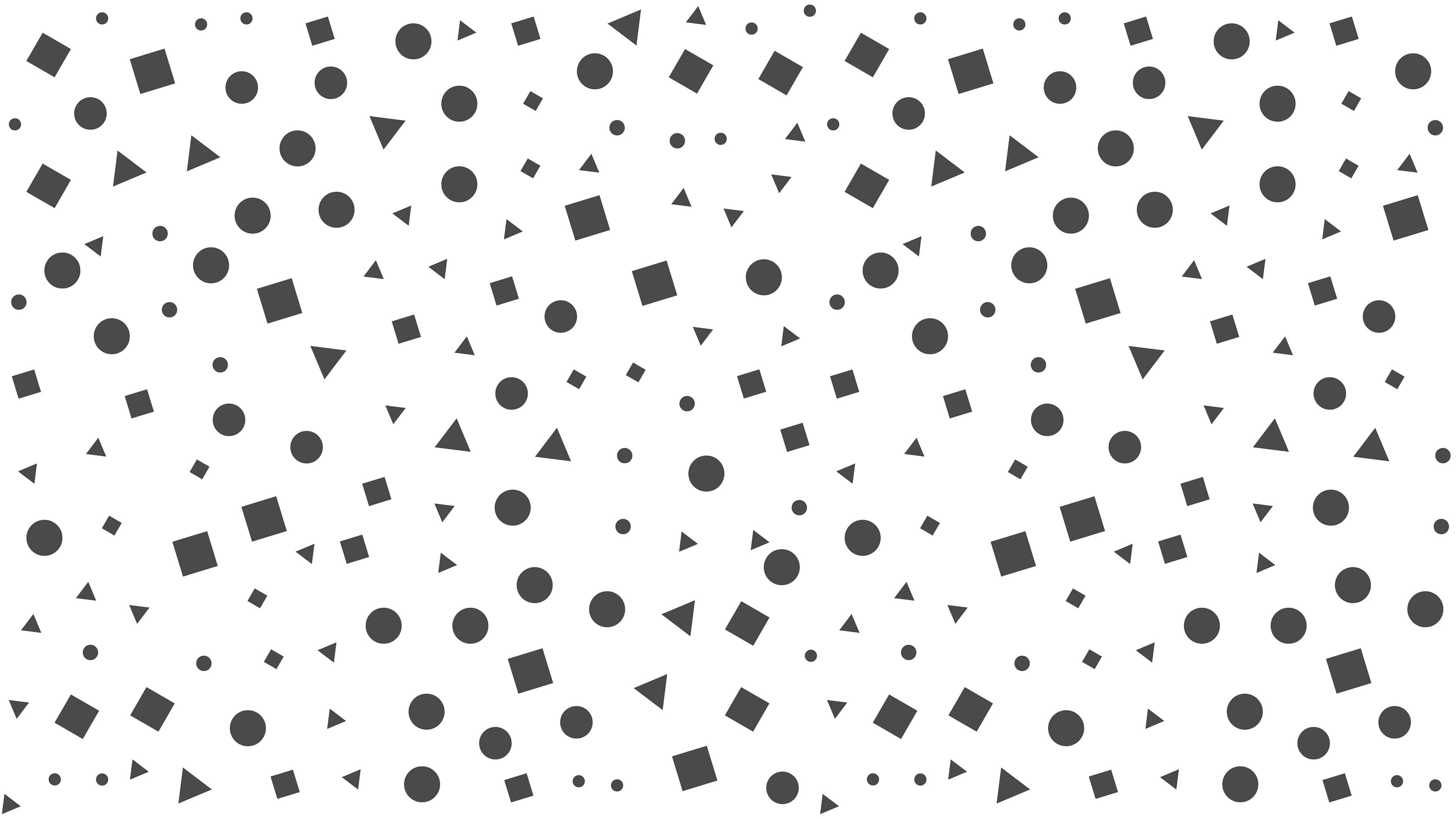 Geometric Desktop 桌布 壁紙 — 白色背景上散落黑色圓形、三角形和正方形的極簡圖案。