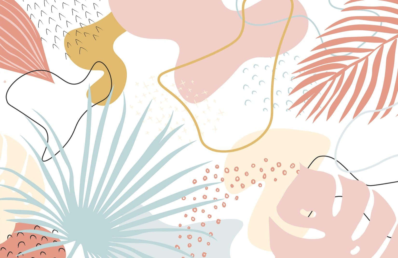 Aesthetic Abstract 桌布 壁紙 — 白色背景上柔和珊瑚桃色和薄荷綠色的鮮豔抽象熱帶葉片和有機形狀。