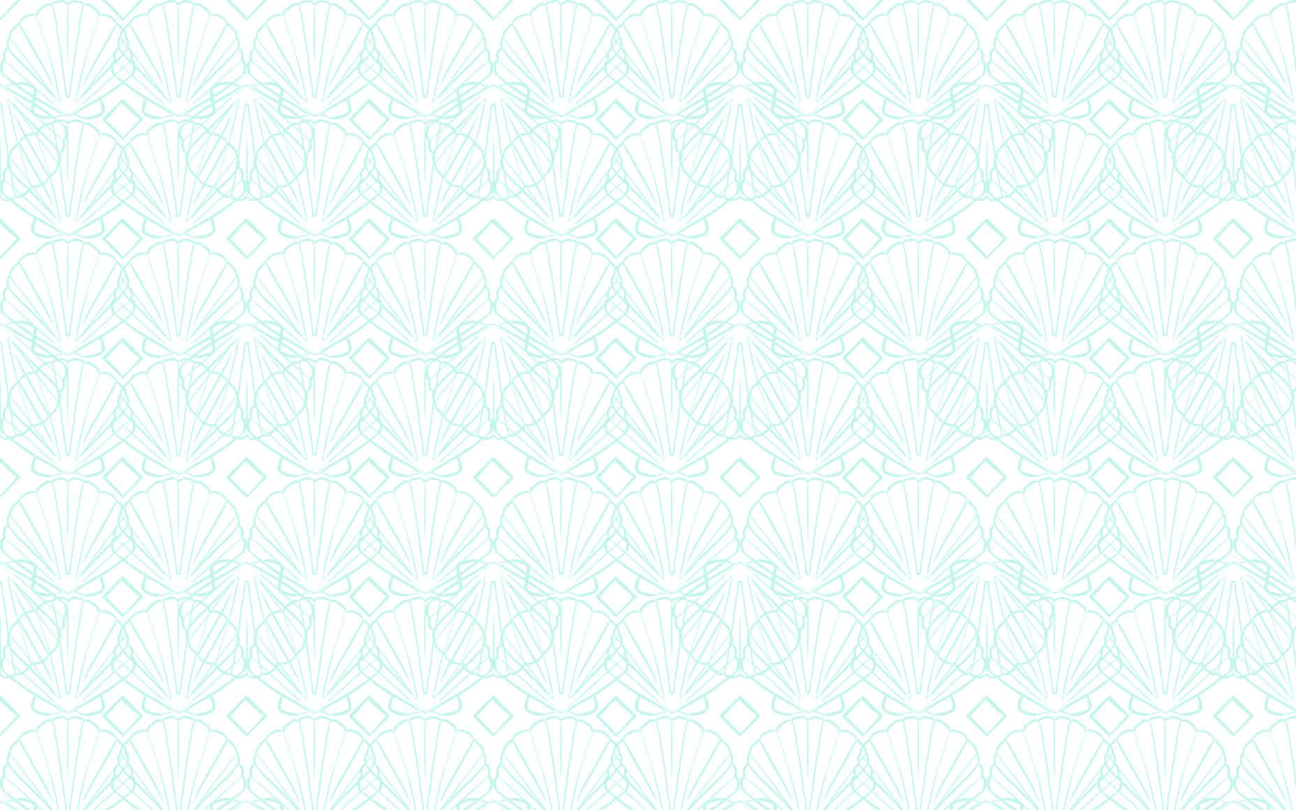 Pastel Summer 桌布 壁紙 — 白色背景上淺藍色輪廓貝殼和鑽石的細膩重複圖案。