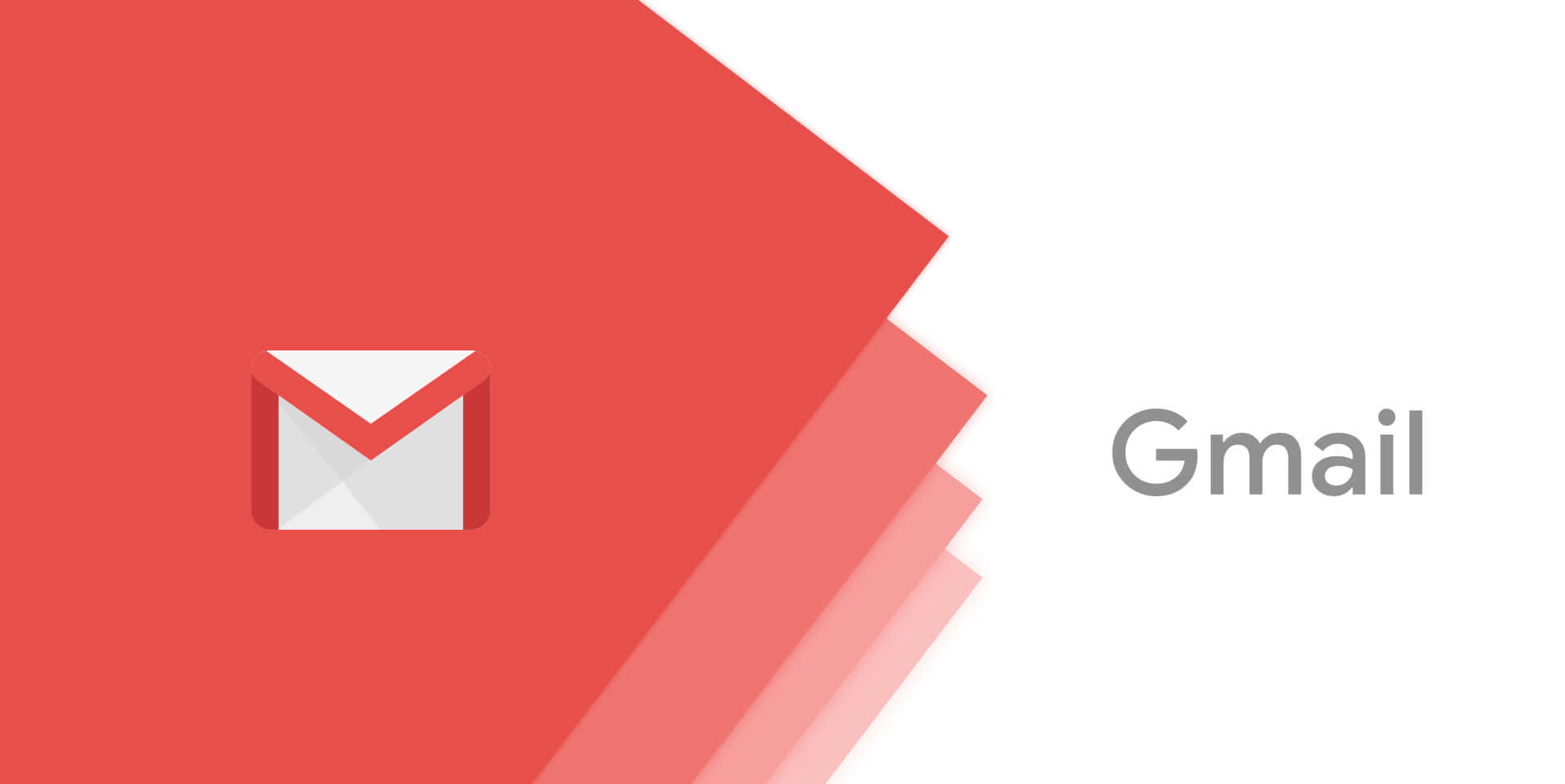 Gmail 動圖 桌布 壁紙 — 白色背景上的分層幾何紅色形狀上帶有紅色信封圖示的Gmail標誌。