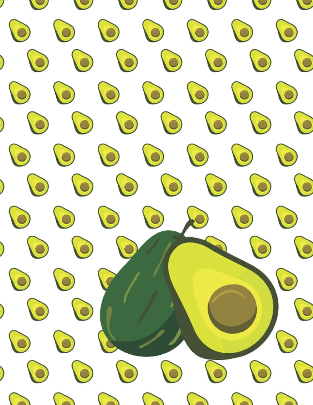Cute Avocado 桌布 壁紙 — 白色背景上的切片酪梨鮮豔圖案，前景有一個完整和半個酪梨。