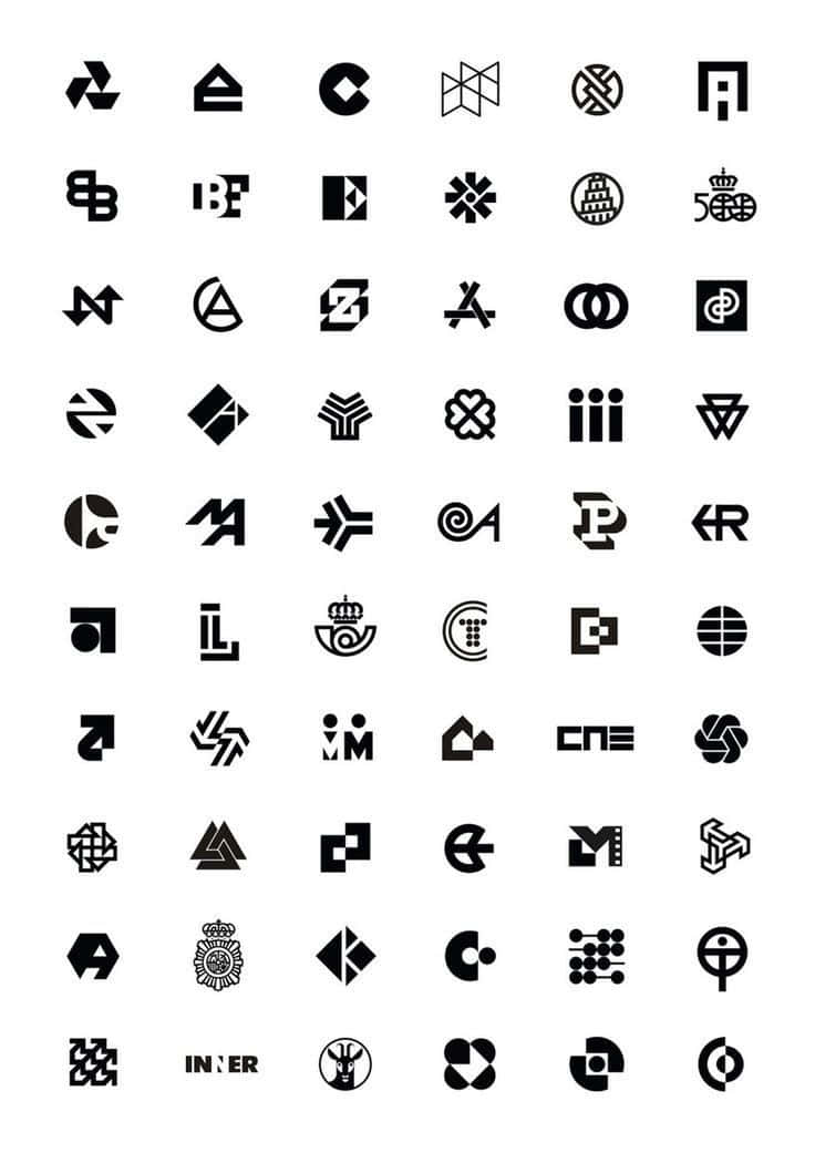 Minimalist Logo 桌布 壁紙 — 白色背景上的極簡黑色抽象標誌網格，展示多種幾何和象徵設計。