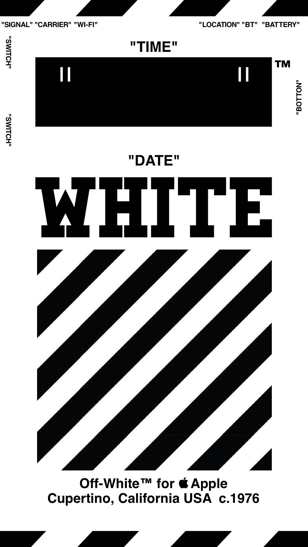Off White 桌布 壁紙 — 白色背景上的粗體黑色文字和對角線條紋模仿帶有品牌標籤的極簡科技介面。