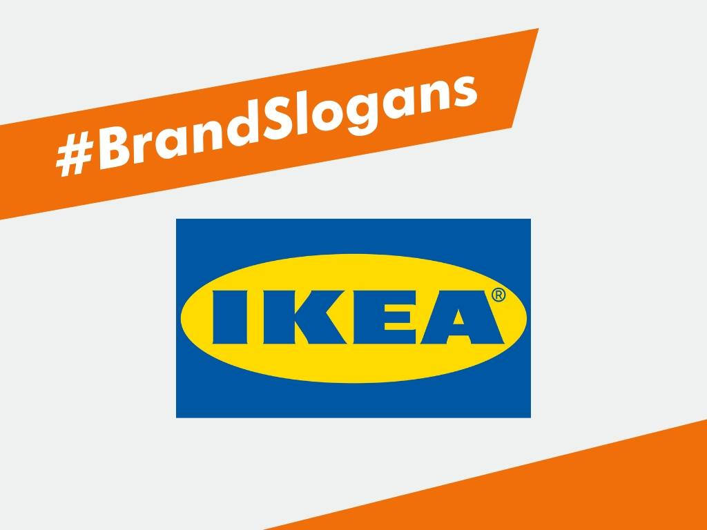 Sweden 桌布 壁紙 — 白色背景上的藍色和黃色橢圓形Ikea標誌，帶有橙色斜向橫幅，上面寫著hashtag brandslogans。