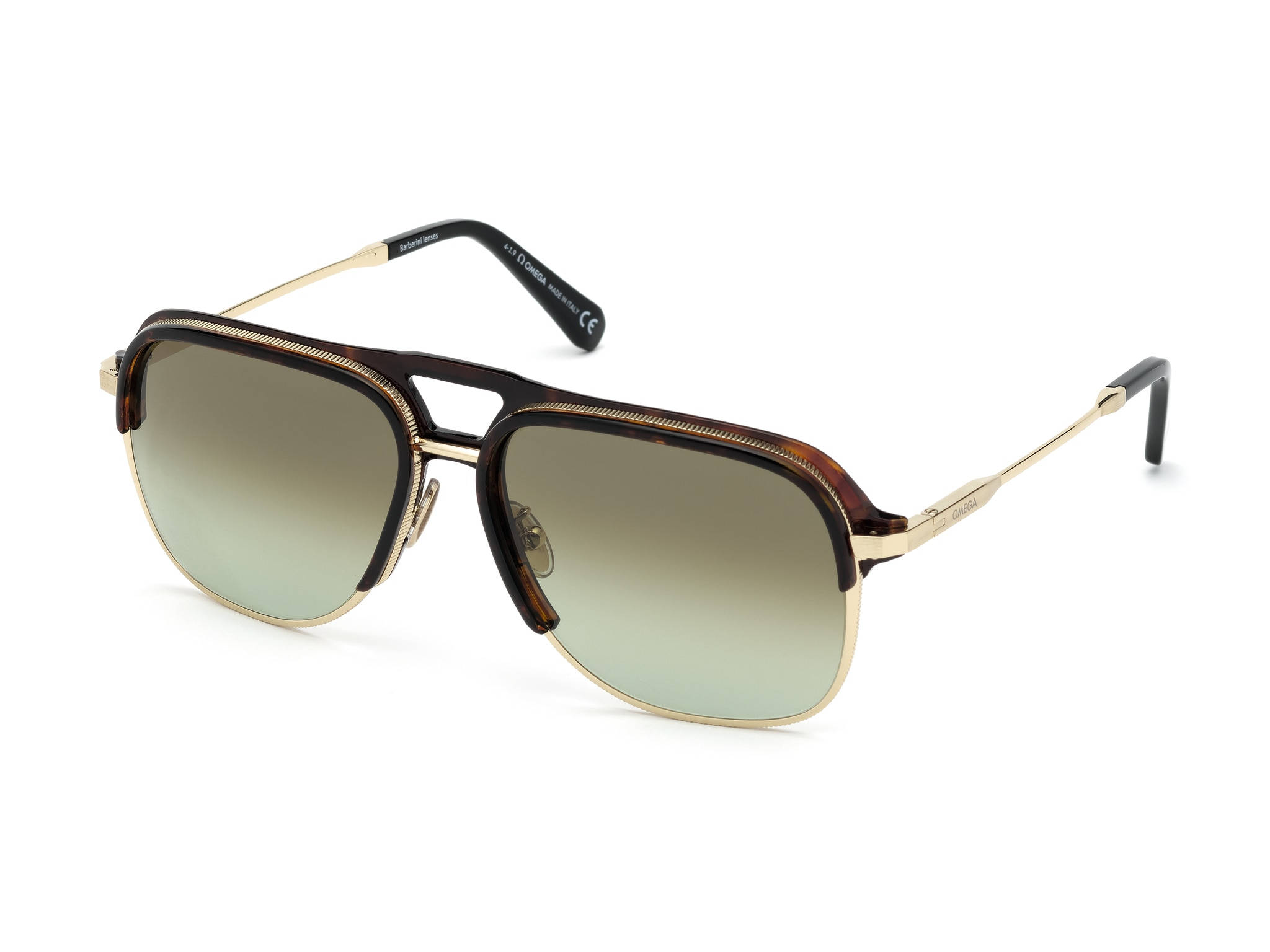 Sunglasses 桌布 壁紙 — 白色背景上的飛行員風格太陽眼鏡，配有玳瑁和金色鏡框及漸變綠色鏡片。