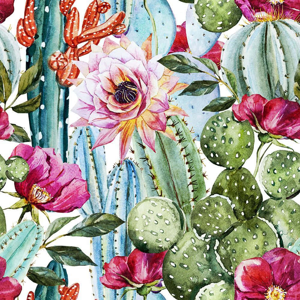 High Resolution Watercolor 桌布 壁紙 — 白色背景上盛開的粉紅色仙人掌花和綠色多刺仙人掌的鮮豔水彩插圖。