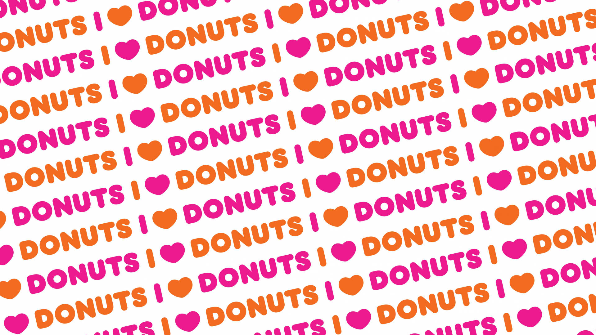 donuts 桌布 壁紙 — 白色背景上粉紅色和橙色「I ❤️ DONUTS」文字的重複鮮豔圖案。