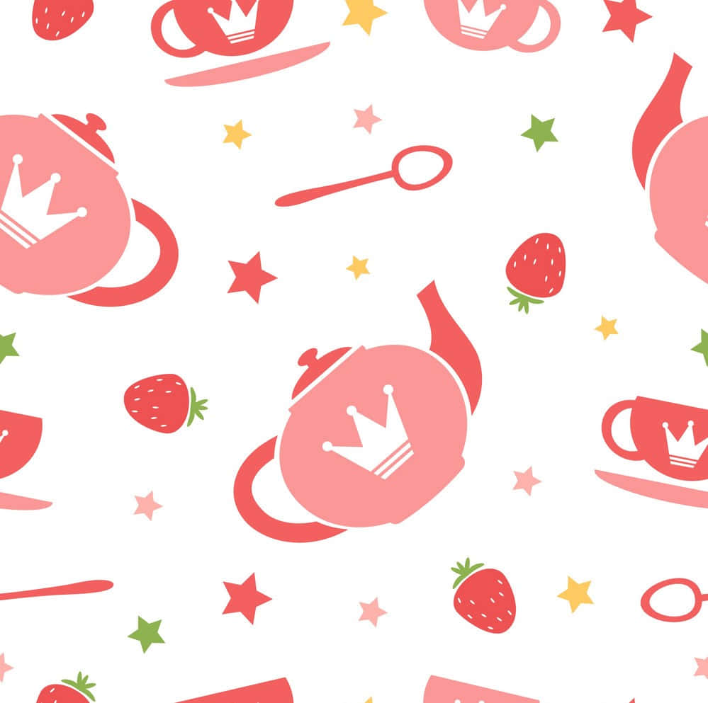 Tea Party 桌布 壁紙 — 白色背景上粉紅色皇冠茶壺、草莓和星星的俏皮圖案。