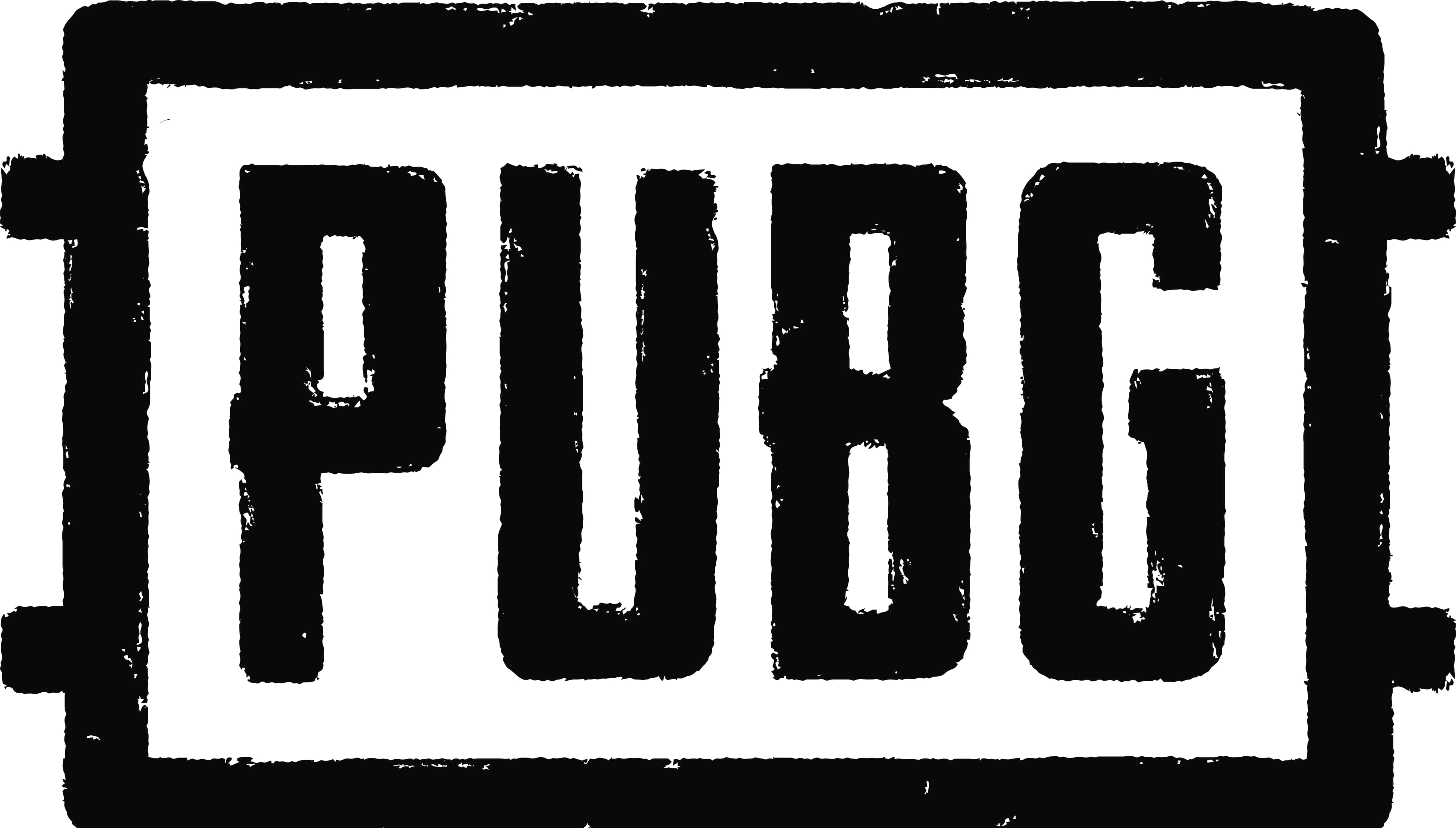 Pubg Logo 桌布 壁紙 — 白色背景上粗糙矩形邊框內以磨損塊狀字體顯示的粗體黑色PUBG標誌。