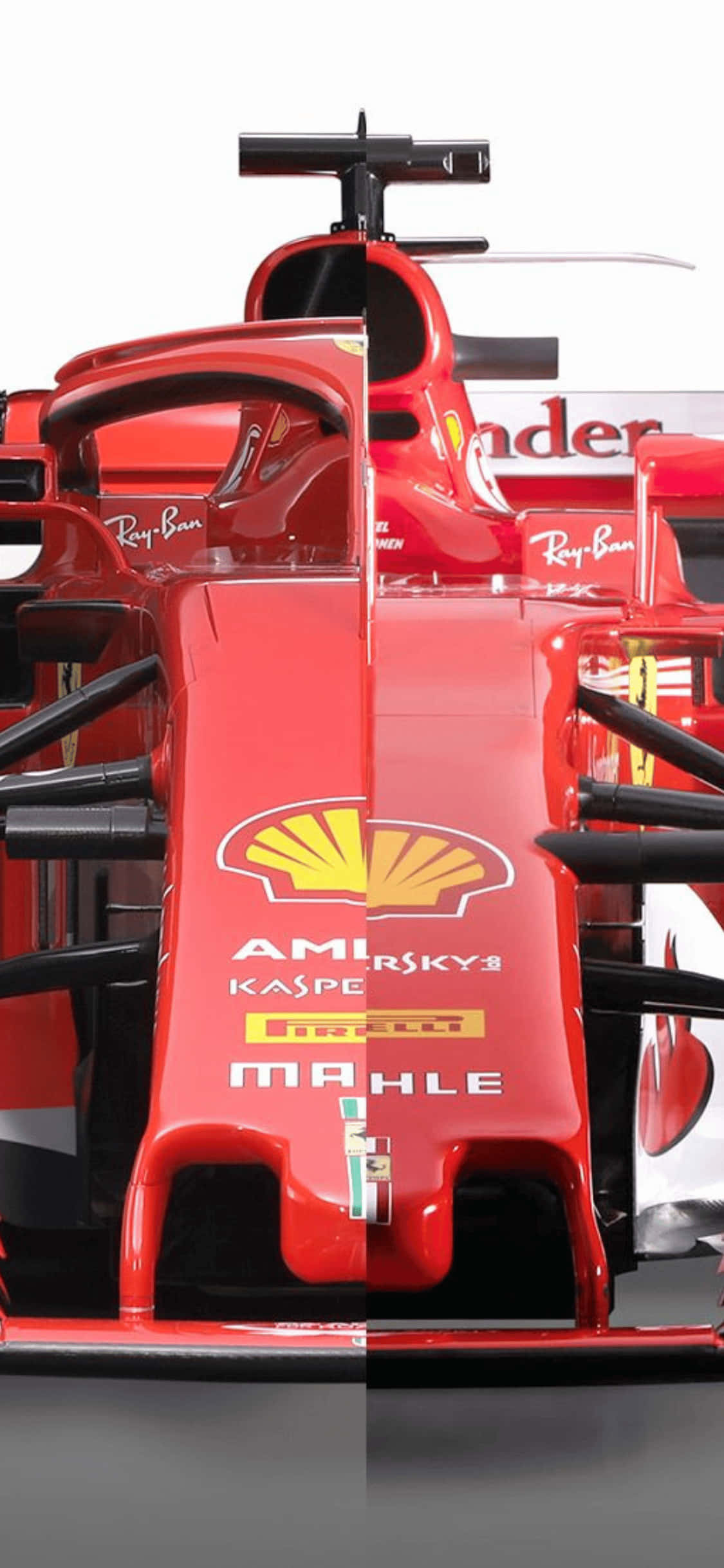 F1 2018 桌布 壁紙 — 白色背景上紅色法拉利F1賽車的特寫，展示贊助商標誌和空氣動力學設計。