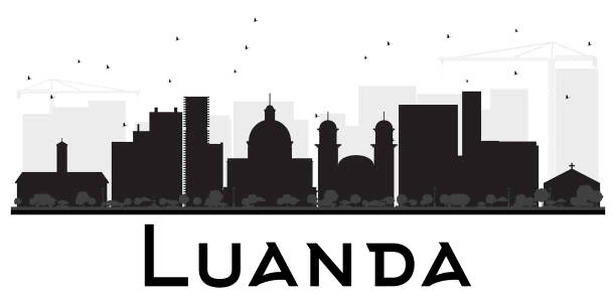 Angola 桌布 壁紙 — 白色背景上羅安達城市天際線的黑色和白色剪影，包括建築物、起重機和鳥類。