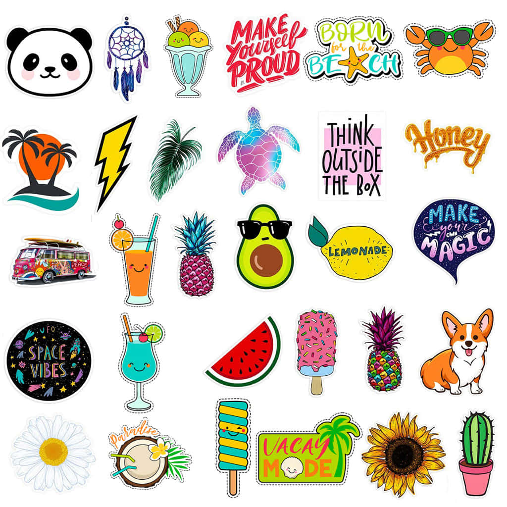 Cute Stickers 桌布 壁紙 — 白色背景上色彩繽紛的卡通貼紙，包含動物、飲料、水果和勵志短語的生動系列。