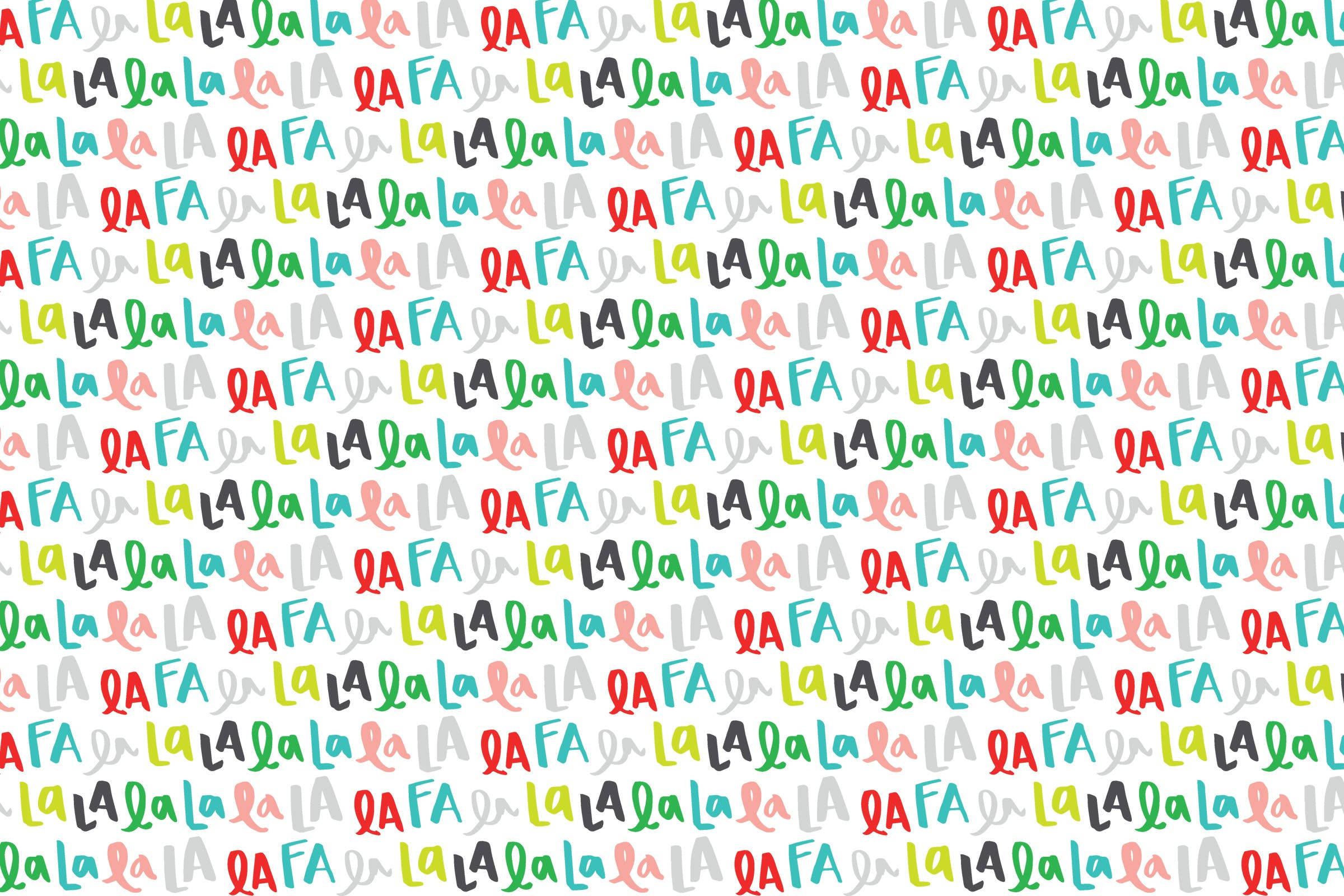 Festive 桌布 壁紙 — 白色背景上色彩繽紛的手寫文字短語 la la la 和 qa fa 的重複圖案。