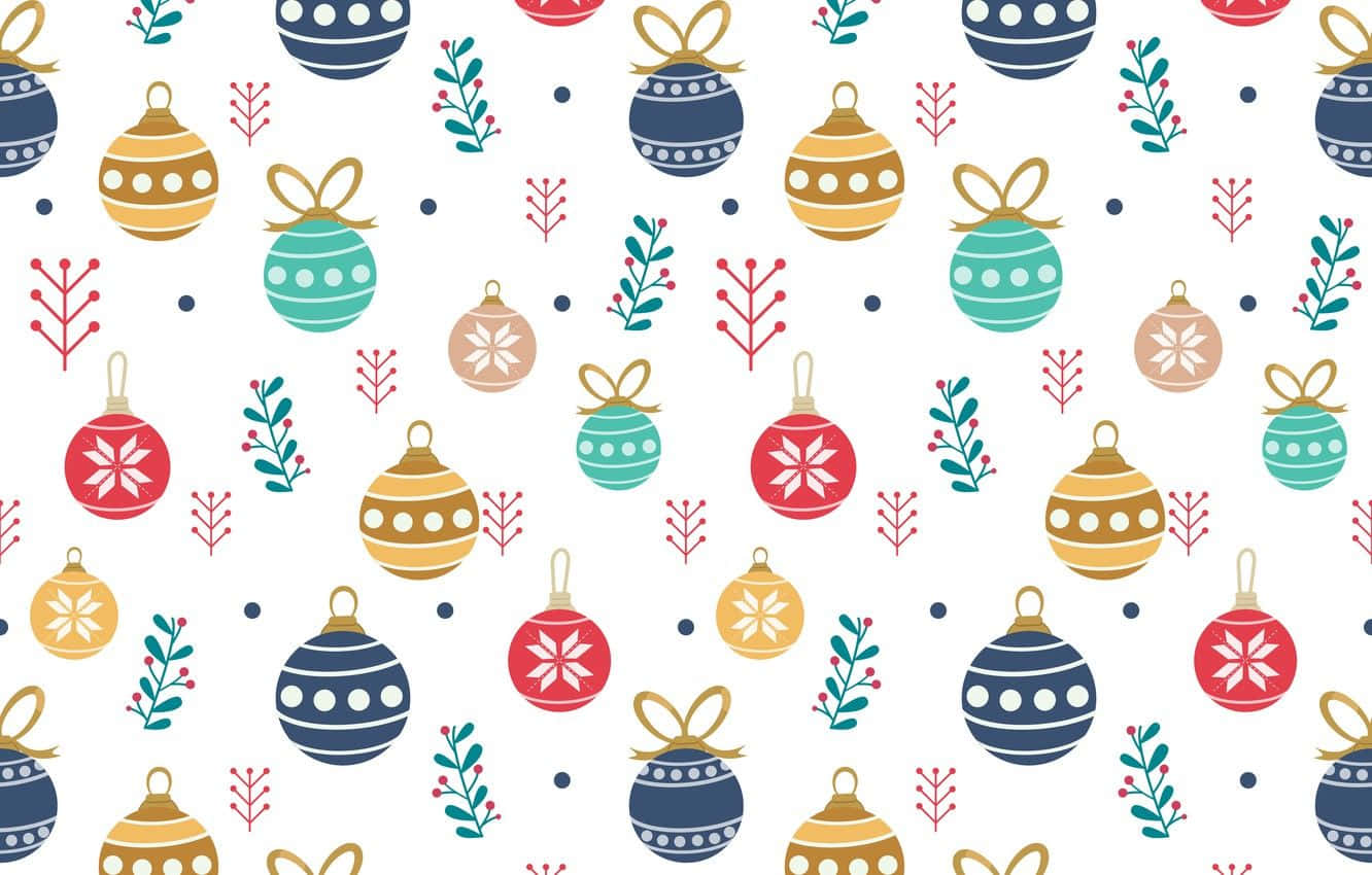 Christmas Pattern 桌布 壁紙 — 白色背景上色彩繽紛的聖誕裝飾和小枝的節日圖案。