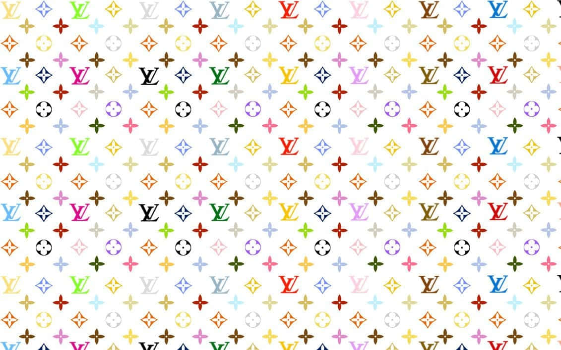 桌布 壁紙 — 白色背景上色彩繽紛的路易威登標誌和字母組合符號的重複圖案。