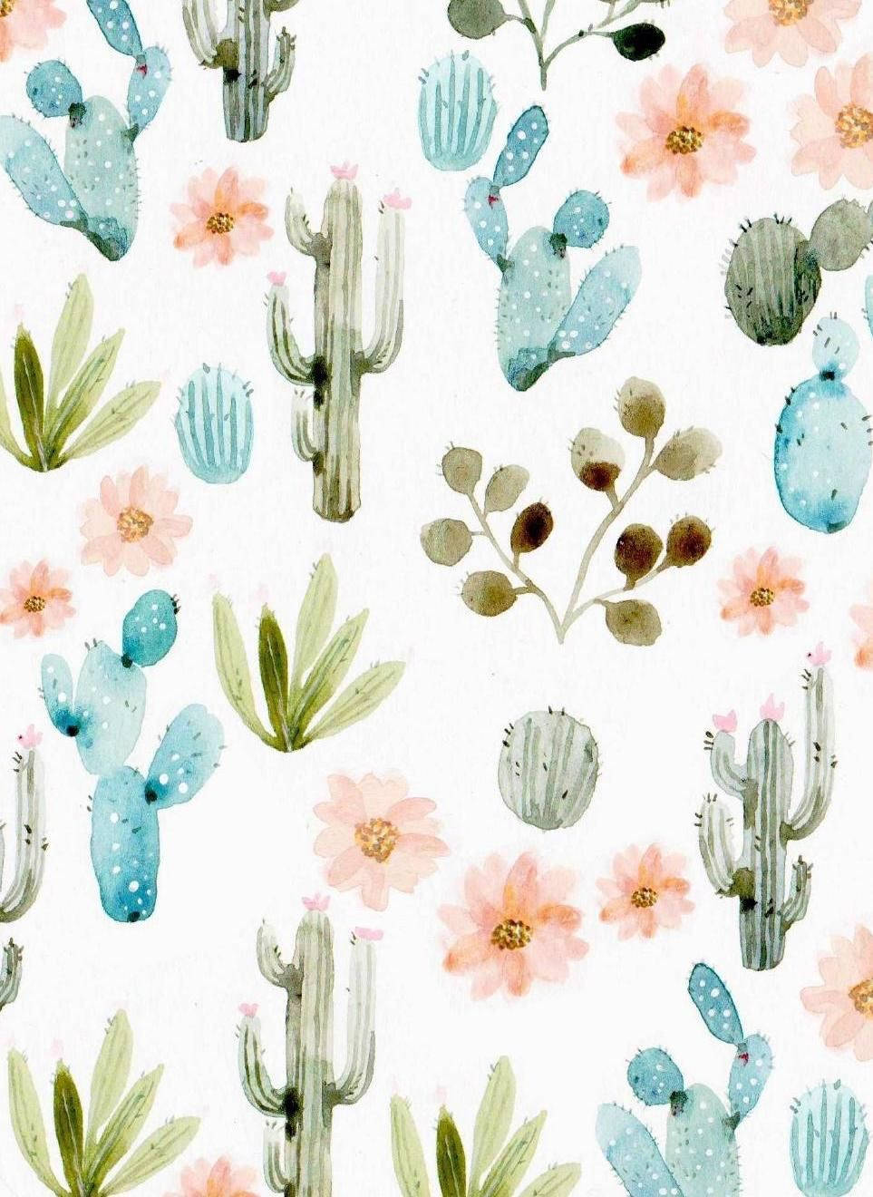 Pastel Cactus 桌布 壁紙 — 白色背景上藍綠色仙人掌、粉紅色花朵和多肉植物的水彩圖案。