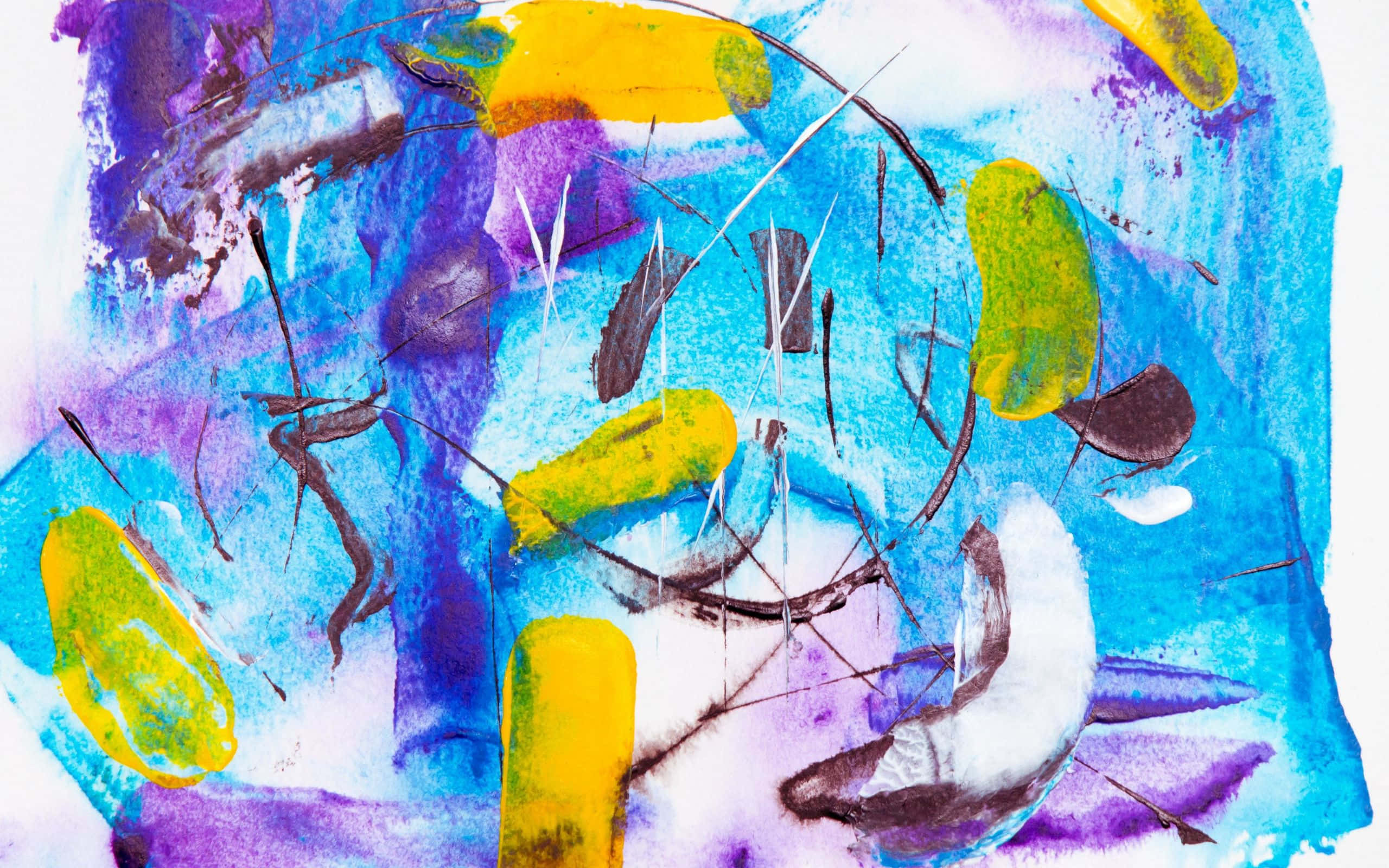 Expressionism 桌布 壁紙 — 白色背景上藍色、紫色和黃色的鮮豔抽象水彩潑濺，搭配大膽的黑色筆觸。