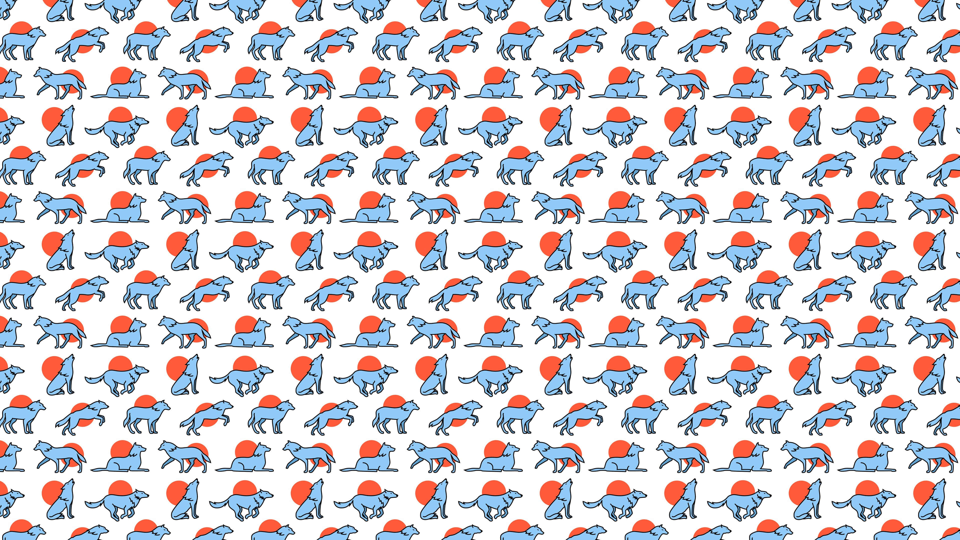 Wolf Pattern 桌布 壁紙 — 白色背景上藍色狼向橙色太陽嚎叫的重複圖案。