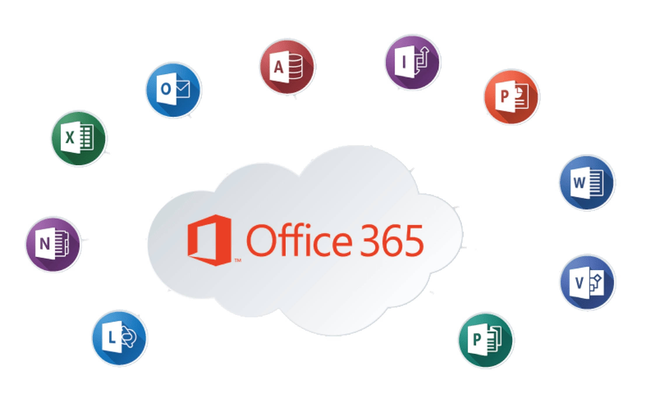 Office 365 桌布 壁紙 — 白色背景上被應用程式圖示包圍的雲端中的 Office 365 標誌。