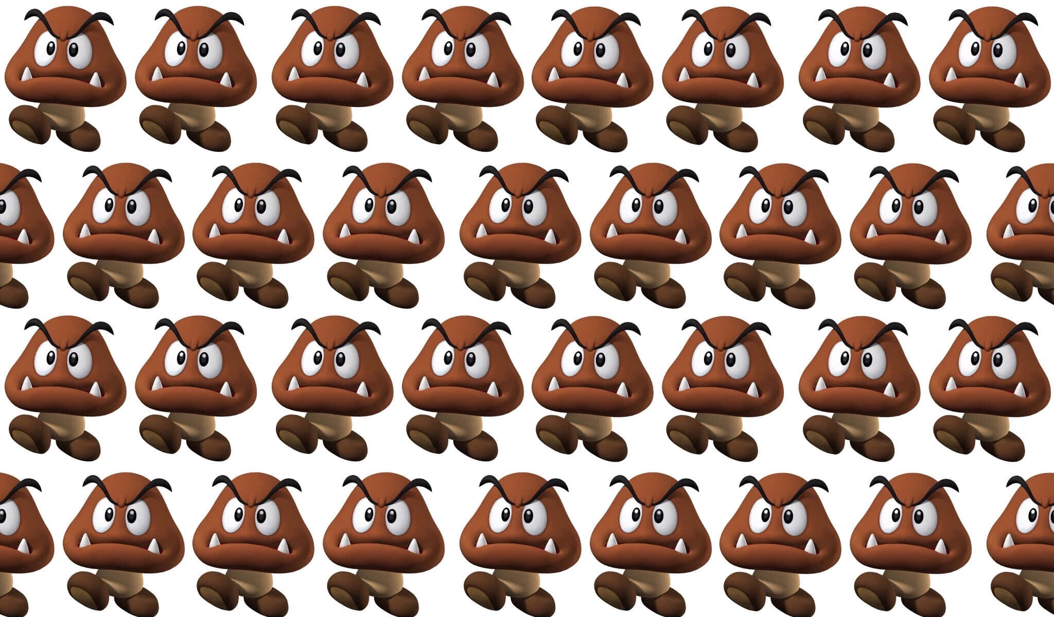 Goomba 桌布 壁紙 — 白色背景上重複出現的瑪利歐遊戲中憤怒的棕色Goomba角色圖案。