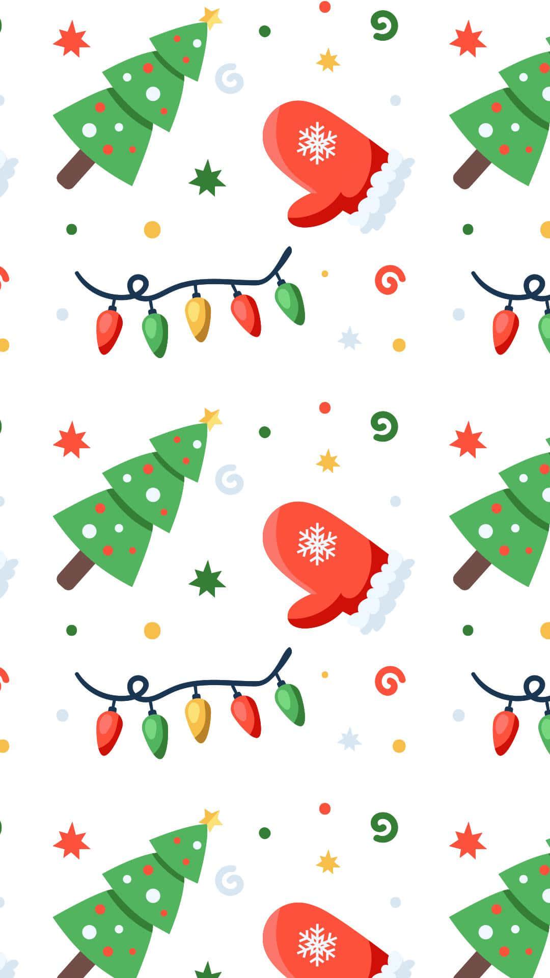 Christmas Pattern 桌布 壁紙 — 白色背景上重複出現的節日圖案，包括綠色聖誕樹、紅色手套和彩色燈串。