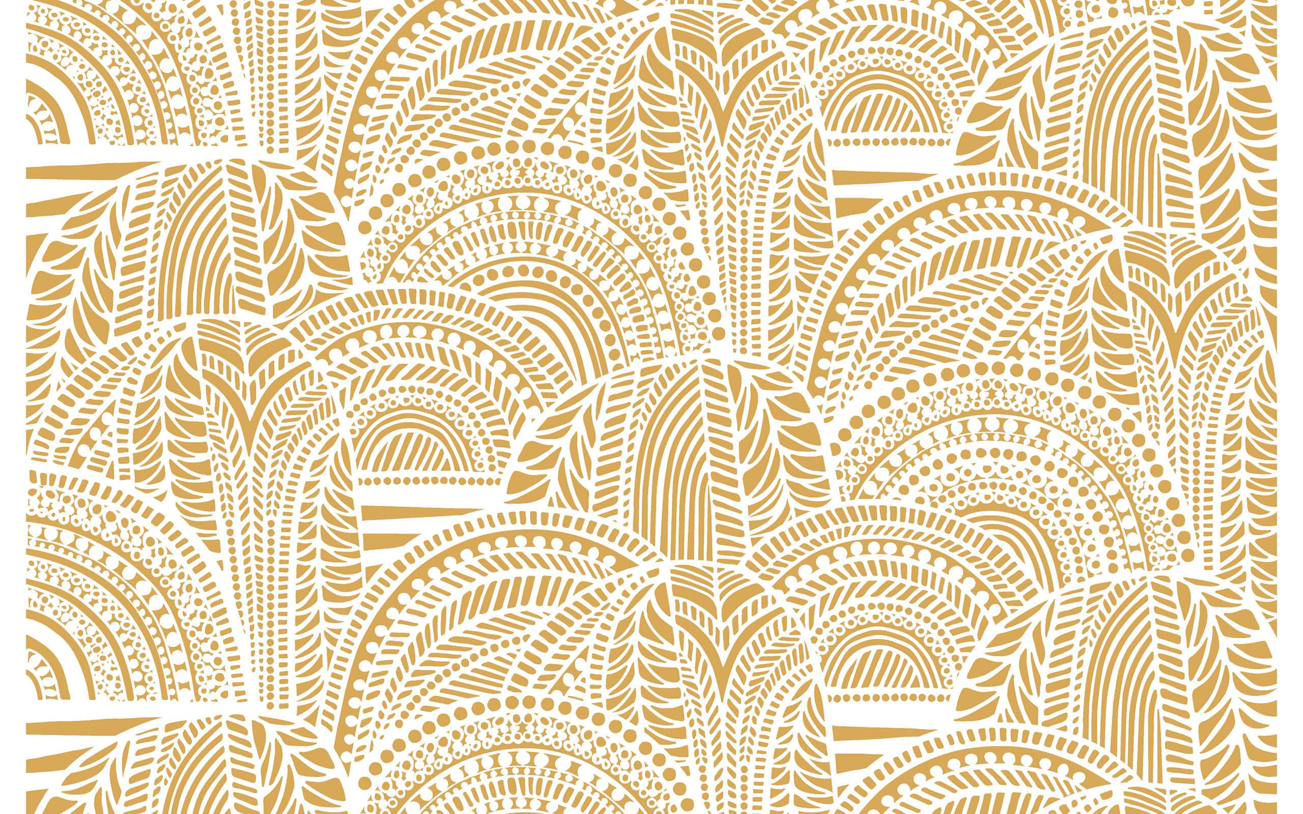 Pattern Desktop 桌布 壁紙 — 白色背景上重複出現的風格化金色扇形圖案，帶有複雜的點和線細節。