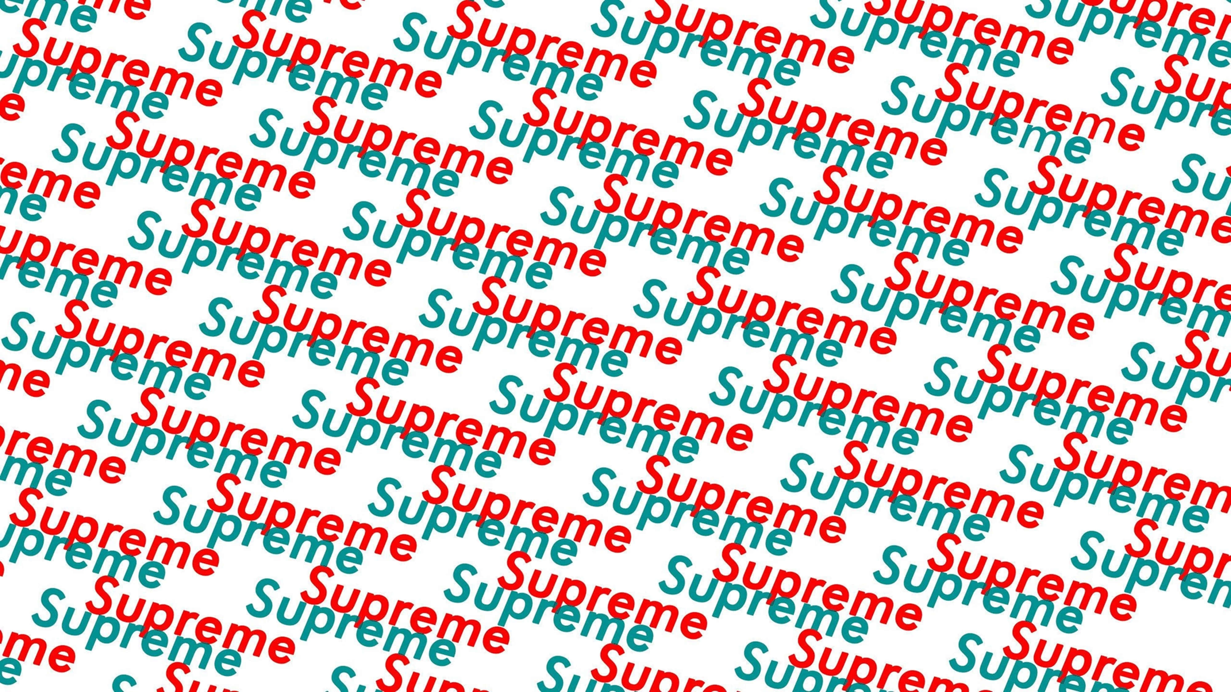 圖案 桌布 壁紙 — 白色背景上重複出現紅色和藍綠色文字「Supreme」的圖案。