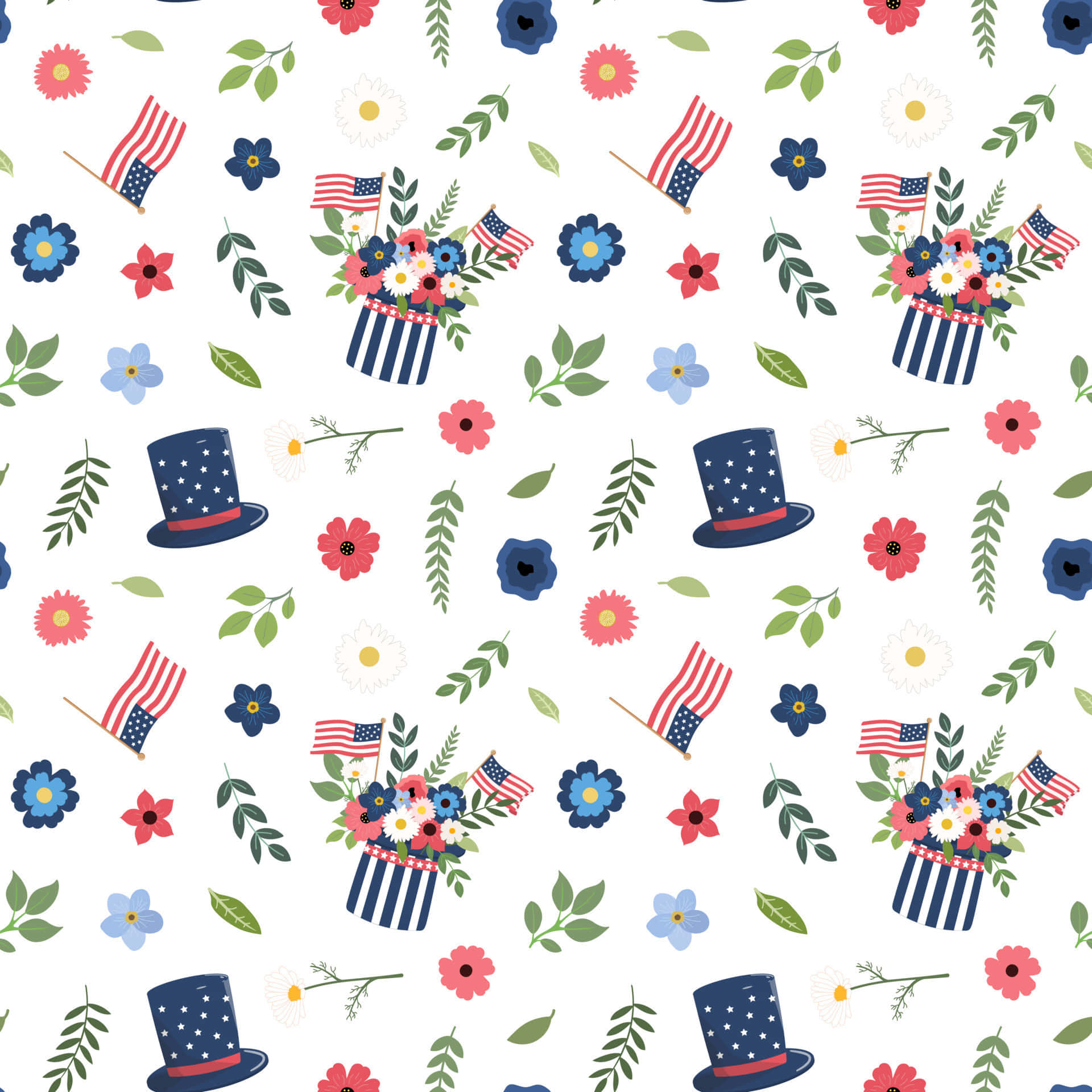 Cute 4th Of July 桌布 壁紙 — 白色背景上重複出現美國國旗、花束和高帽的節日圖案，顏色為紅、白、藍。