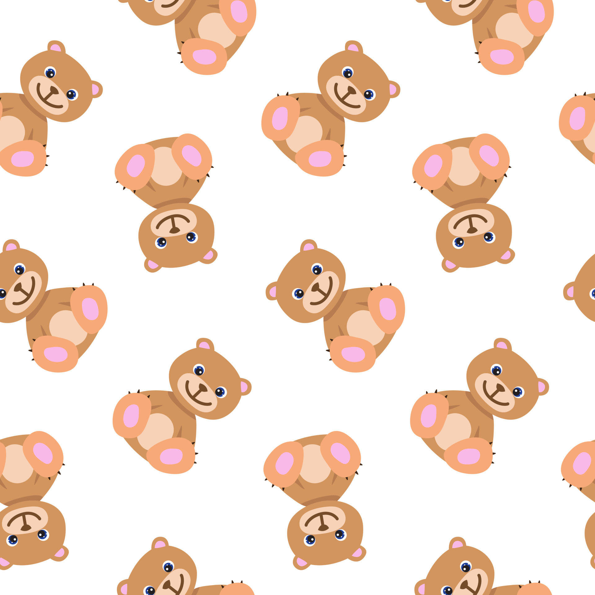 Cute Brown Bear 桌布 壁紙 — 白色背景上重複的可愛卡通泰迪熊圖案，藍色眼睛和粉紅色爪子。