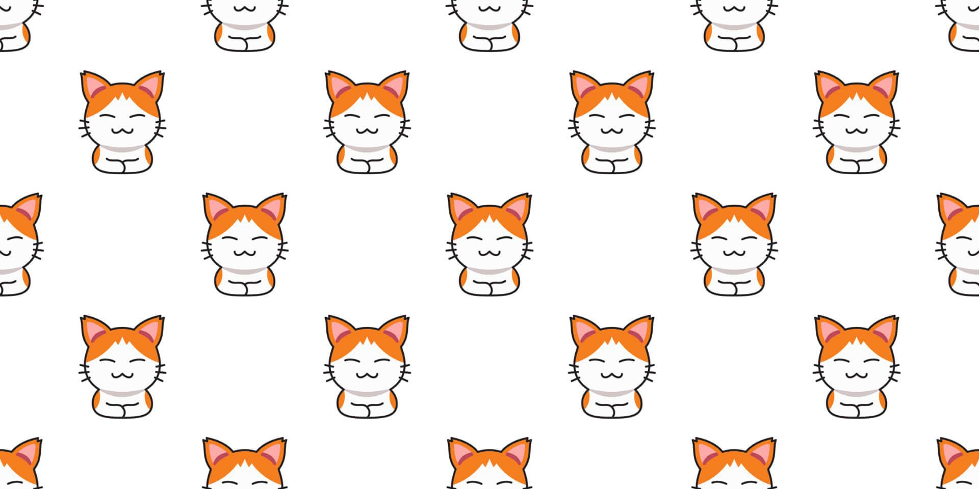 Cute Cat Pattern 桌布 壁紙 — 白色背景上重複的可愛橙色和白色卡通貓臉圖案，眼睛閉著。