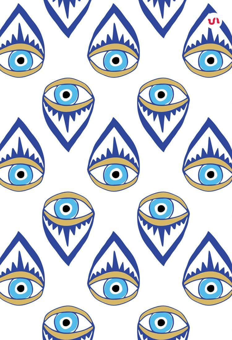 Evil Eye 桌布 壁紙 — 白色背景上重複的圖案，由風格化的藍色眼睛和尖銳牙齒組成，位於淚滴形狀內。