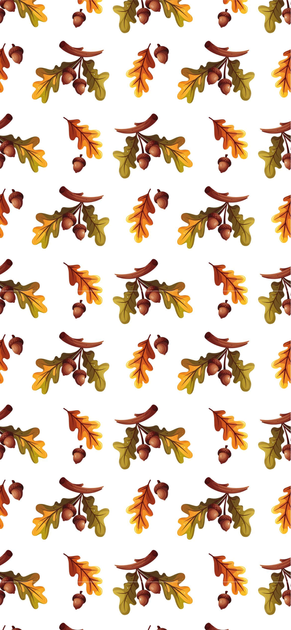 Best Fall 桌布 壁紙 — 白色背景上重複的秋季橡樹葉和橡子圖案，採用溫暖的橙棕色和綠色色調。