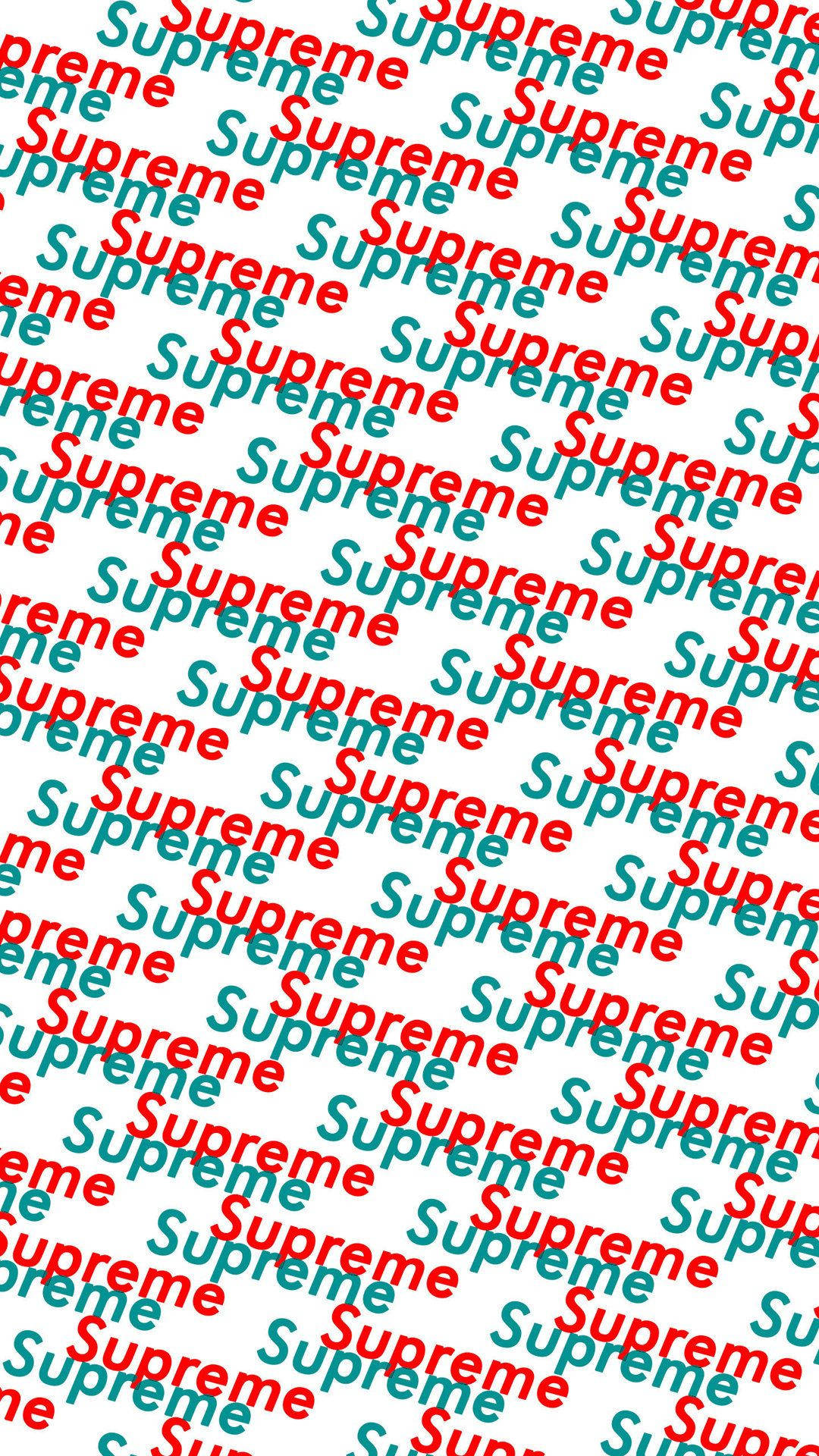 supreme 桌布 壁紙 — 白色背景上重複的紅色和藍綠色「Supreme」標誌斜向疊加圖案。