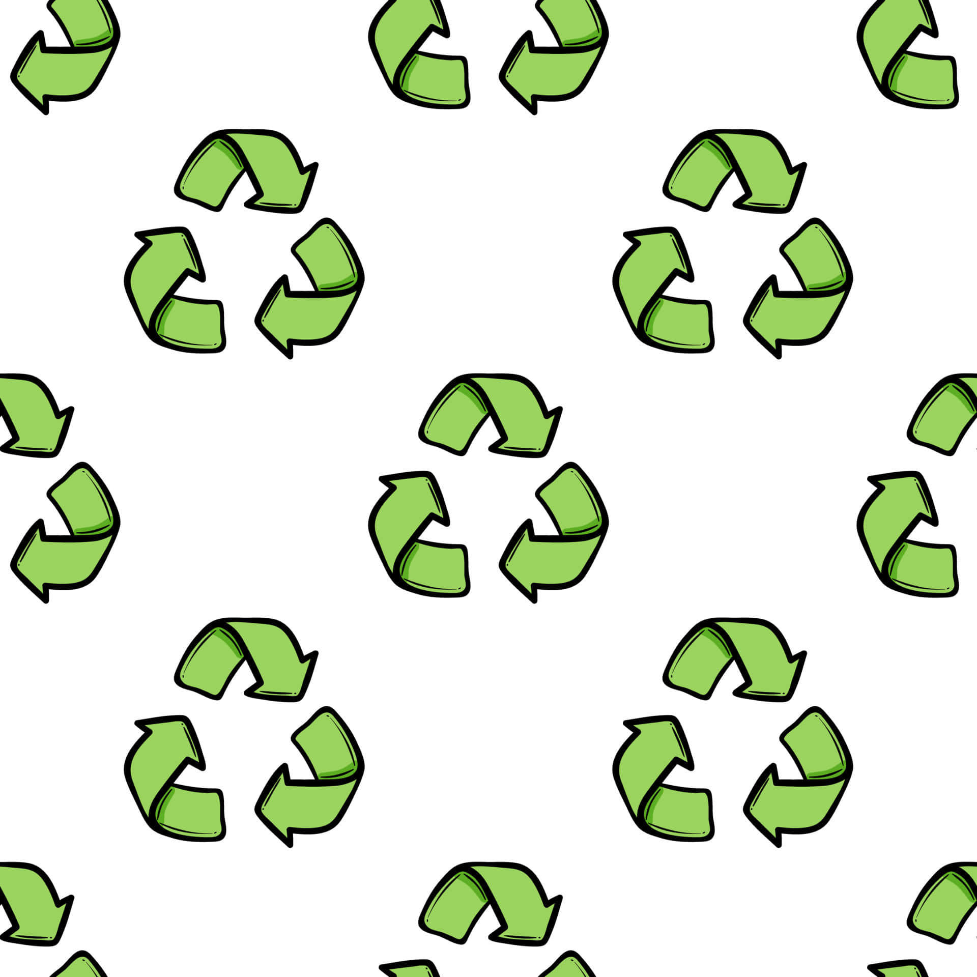 waste 桌布 壁紙 — 白色背景上重複的綠色回收標誌圖案，帶有粗黑色輪廓。