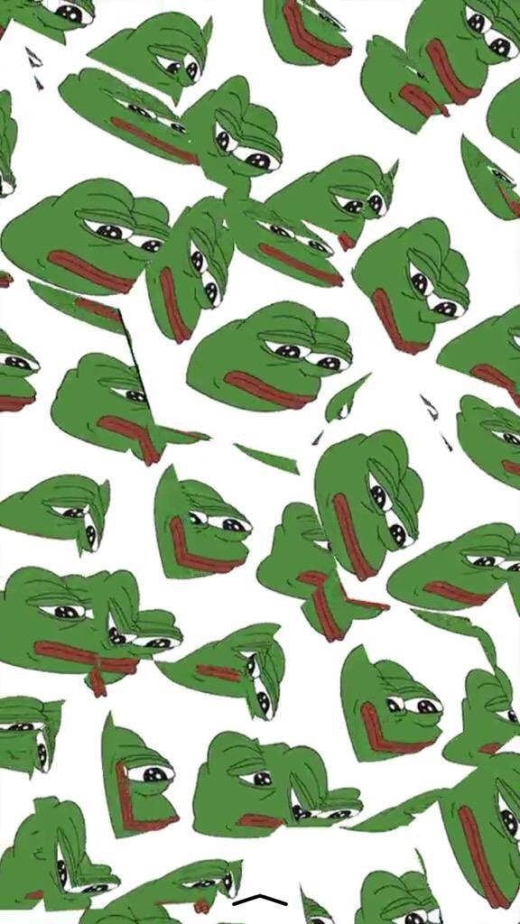 Pepe 桌布 壁紙 — 白色背景上重複的綠色青蛙臉圖案，帶有紅色嘴巴和下垂的眼睛。