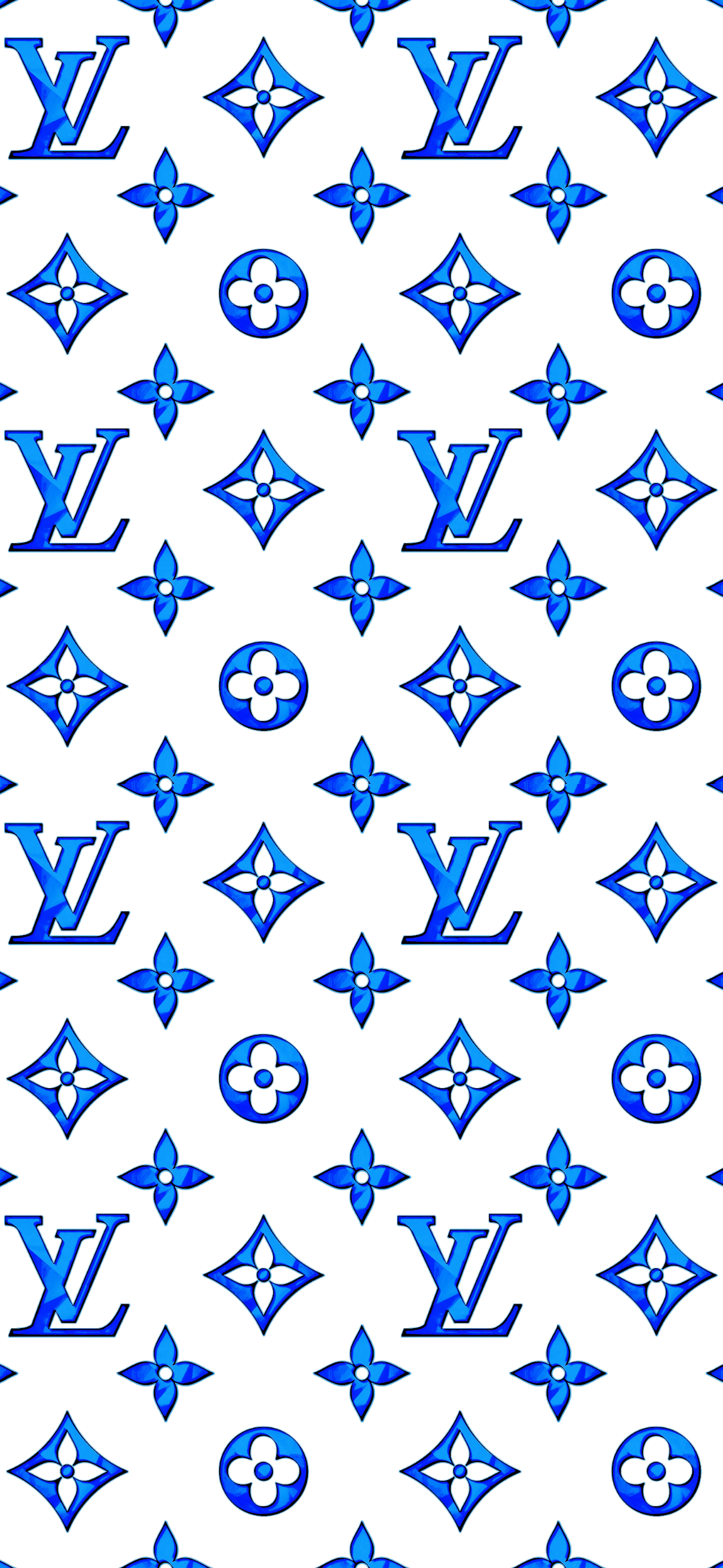 Louis Vuitton Pattern 桌布 壁紙 — 白色背景上重複的藍色 Louis Vuitton 字母圖案，帶有交錯的標誌和花卉圖案。