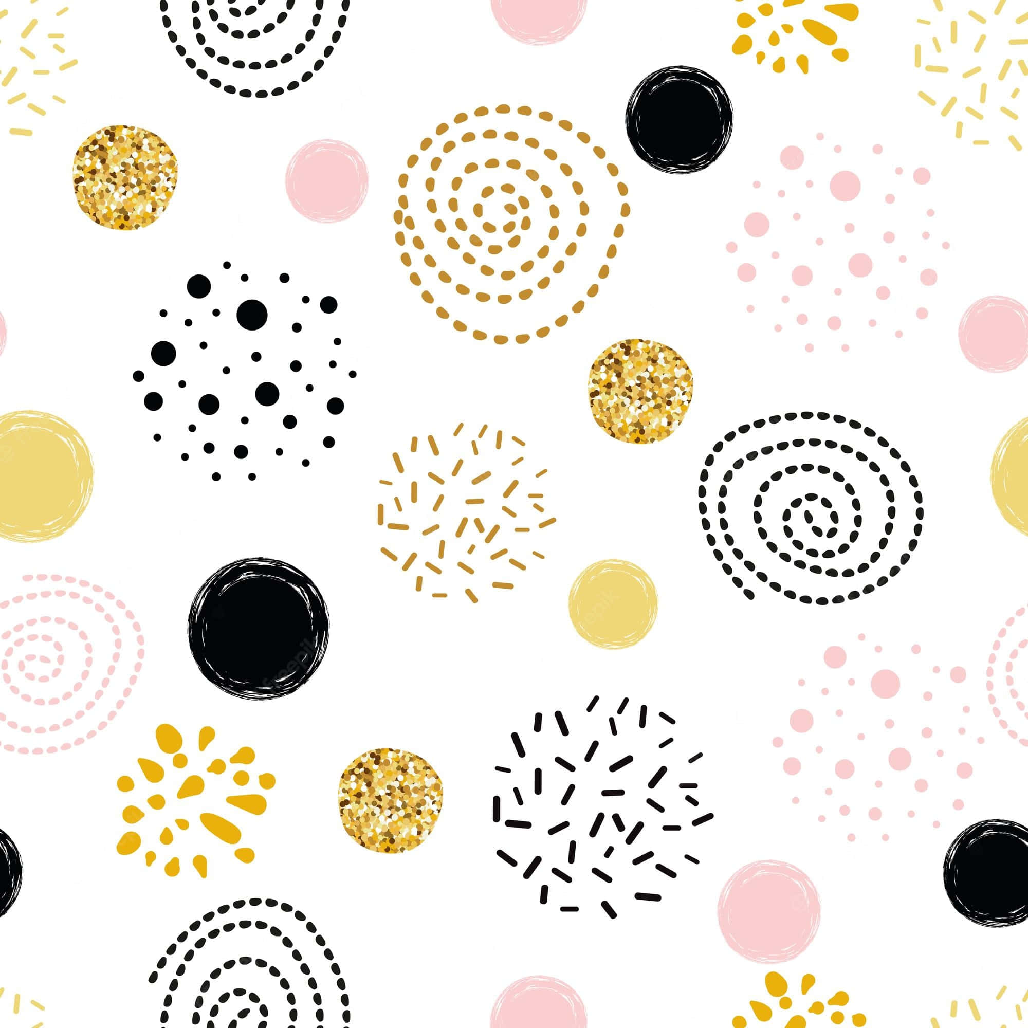 Pink And White Polka Dot 桌布 壁紙 — 白色背景上金色閃粉、粉紅色和黑色圓形圖案的俏皮圖案。