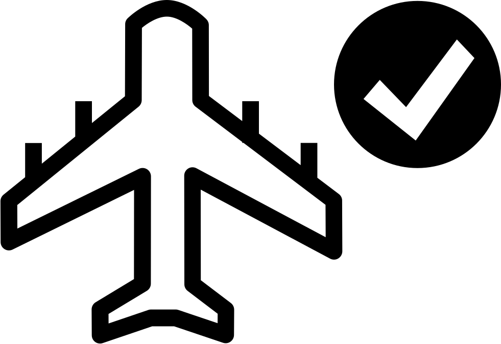 機場 桌布 壁紙 — 白色背景上飛機圖示旁邊的勾號圓圈的黑色線條藝術。