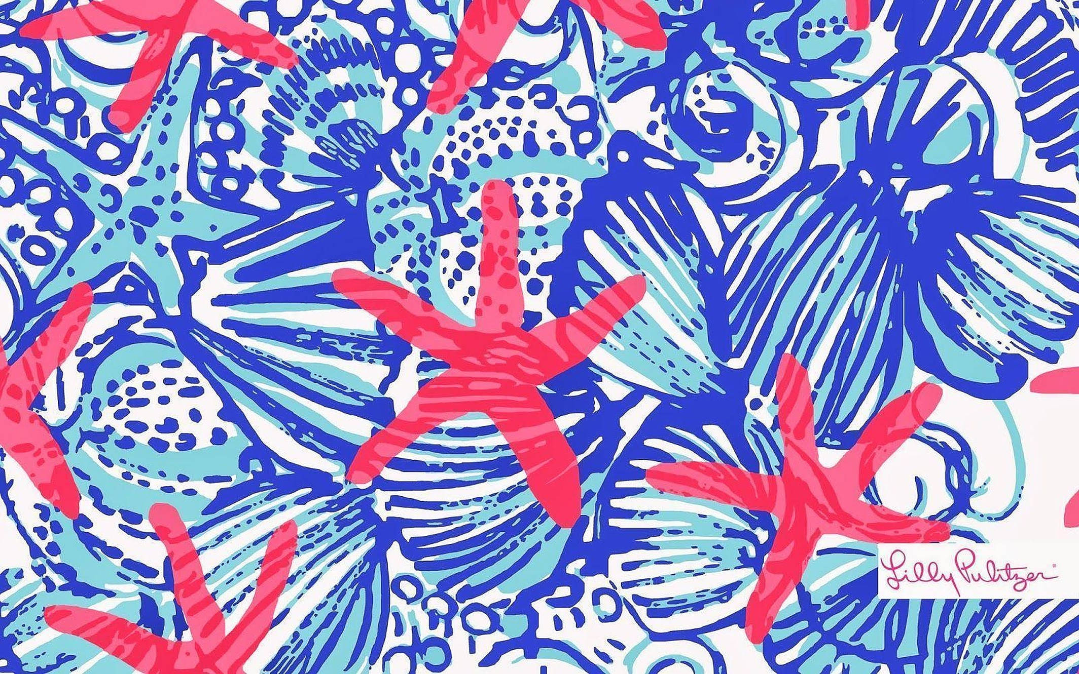 lilly 桌布 壁紙 — 白色背景上鮮豔的紅色海星和藍色海洋生物的大膽插圖圖案。
