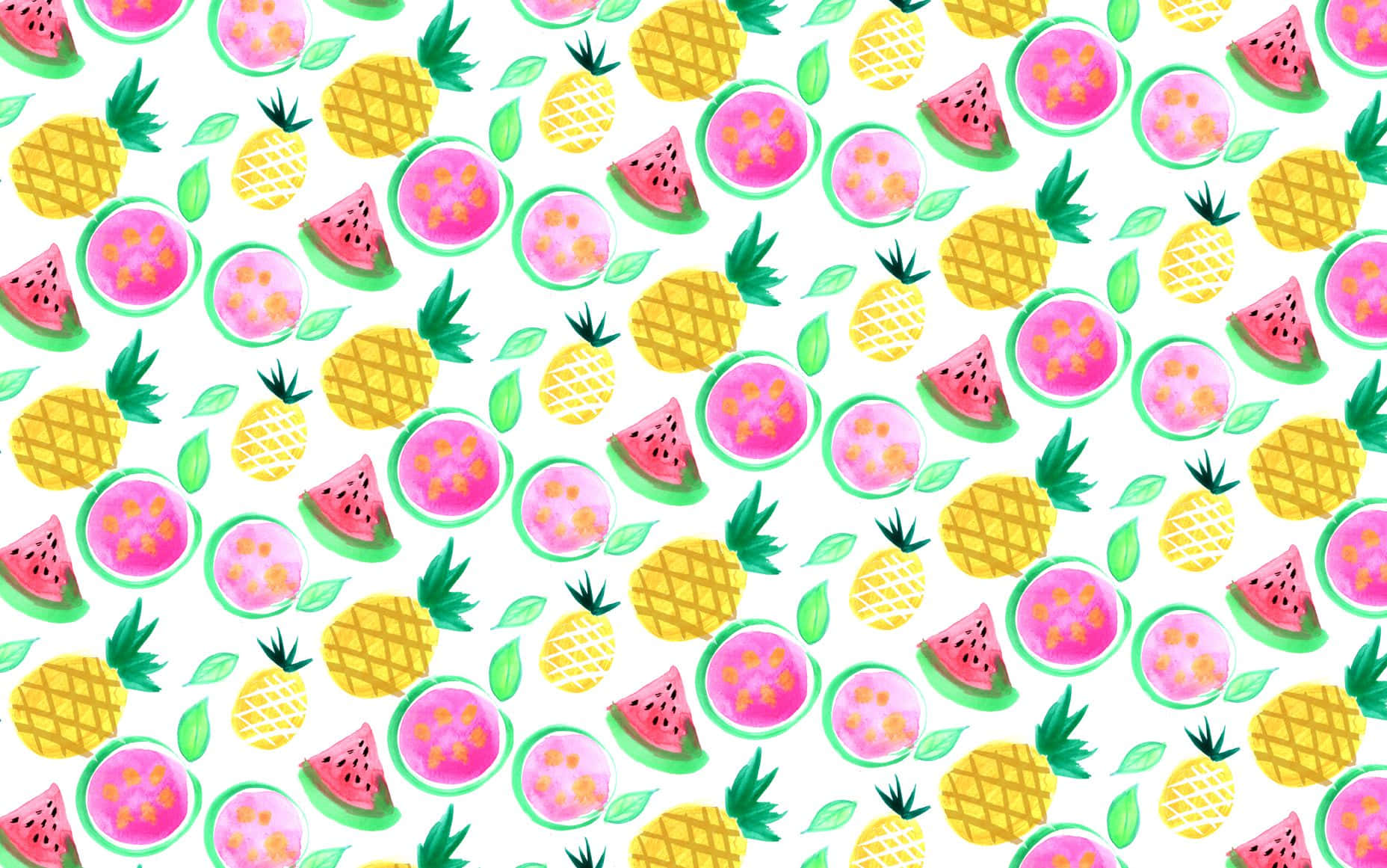 Watermelon 桌布 壁紙 — 白色背景上黃色鳳梨和粉紅色西瓜片配綠葉的鮮豔水彩圖案。