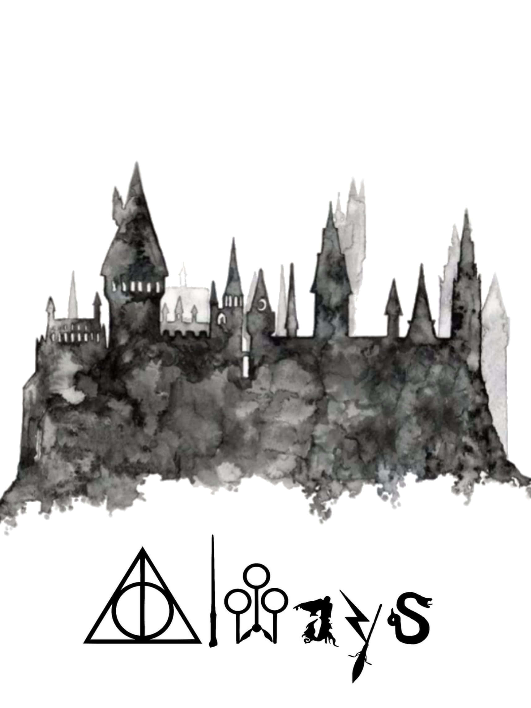 Harry Potter Black And White 桌布 壁紙 — 白色背景上黑色墨水繪製的霍格華茲城堡水彩剪影，下方有標誌性符號。