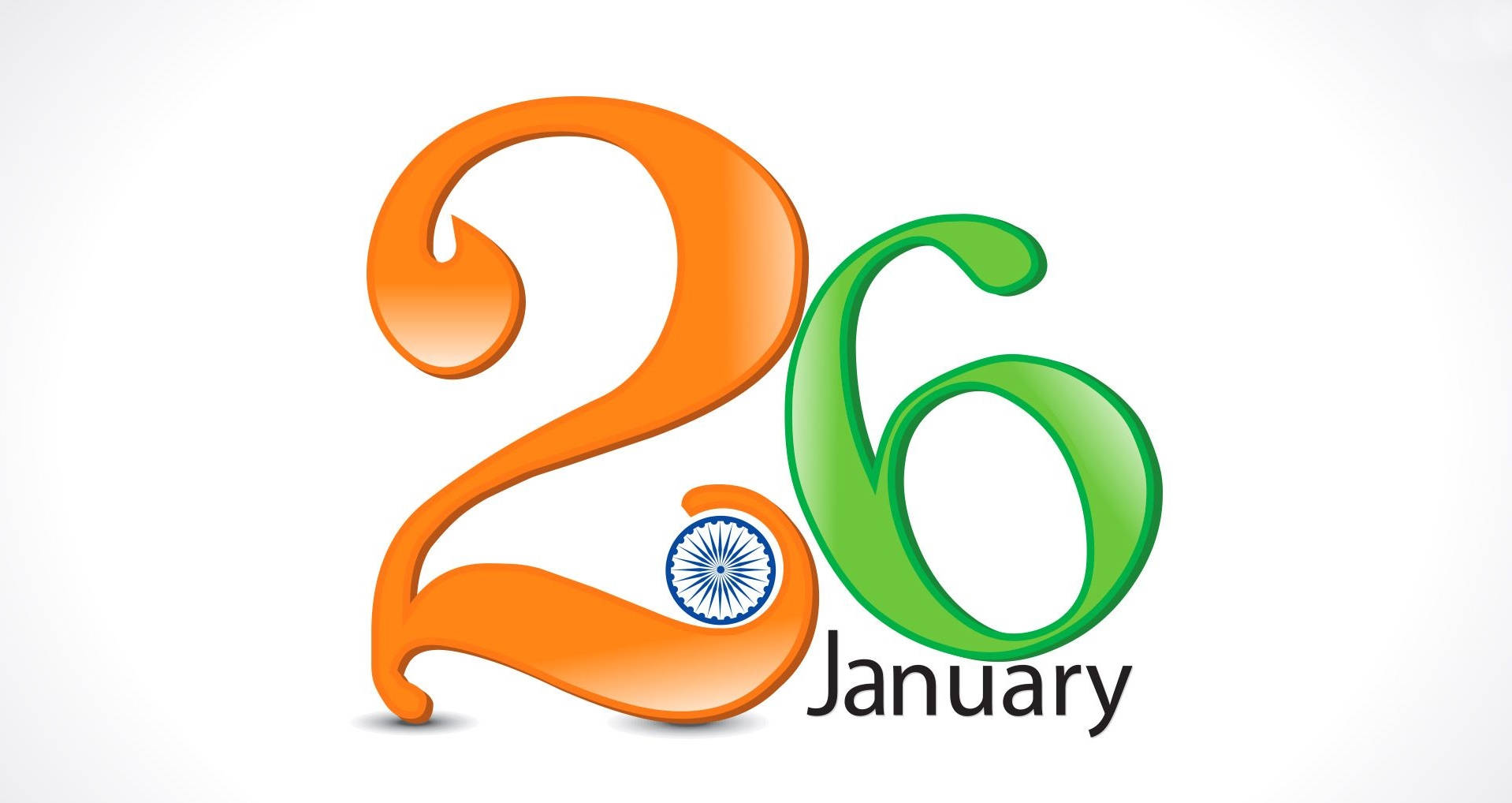 Indian 桌布 壁紙 — 白色背景上黑色文字「January」旁邊，橙色和綠色的風格化數字26，零中嵌有阿育王法輪。