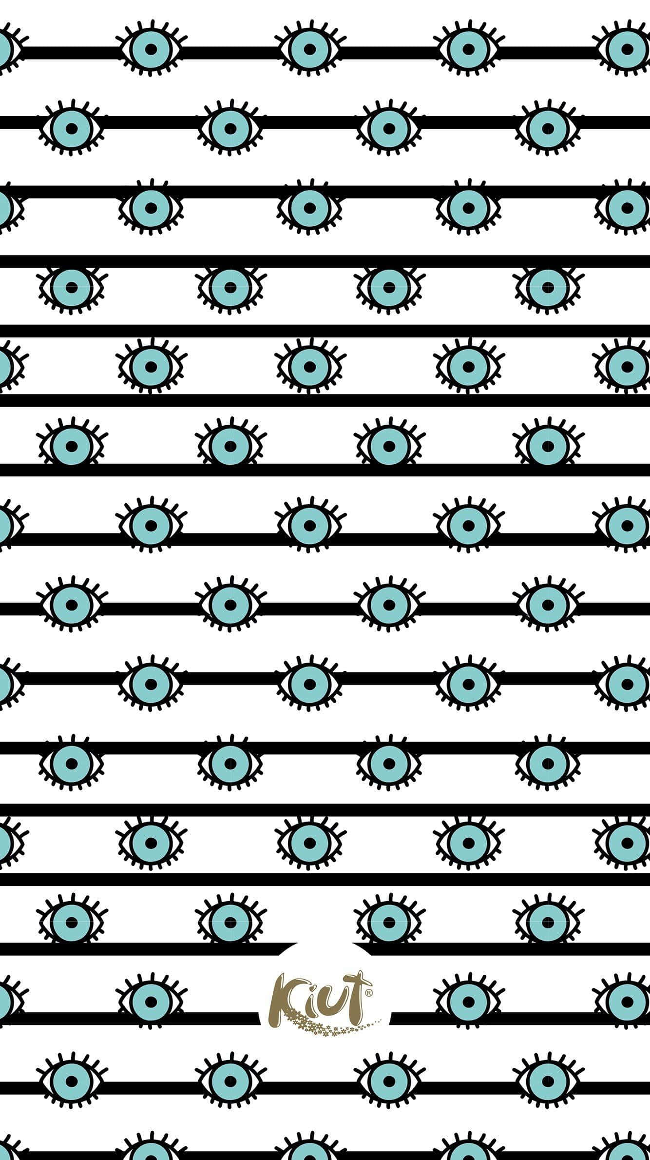 Evil Eye 桌布 壁紙 — 白色背景上黑色條紋上重複的風格化綠松石眼睛圖案，帶有黑色尖刺睫毛。
