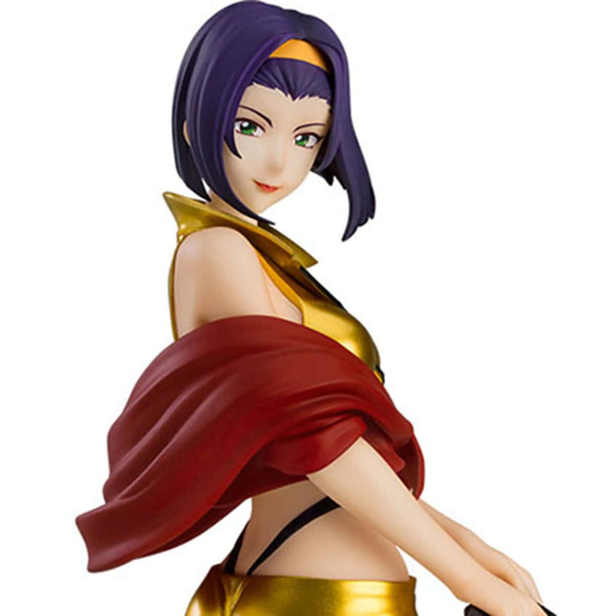 Faye Valentine 桌布 壁紙 — 白色背景前，一位紫髮綠眼的女性動漫人偶穿著金色和紅色的服裝。