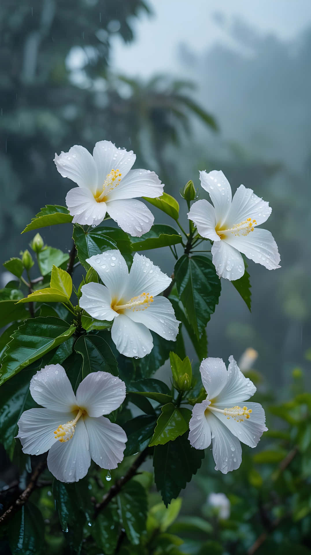 White Hibiscus Flowers Blooming 壁紙 — 白色芙蓉花，黃色花心，帶有露珠，在霧氣瀰漫的雨林中綠葉間盛開。