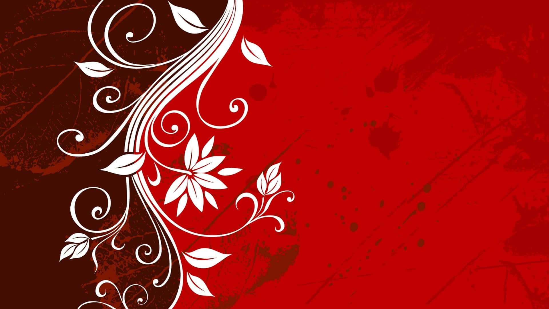 High Resolution Red 桌布 壁紙 — 白色花卉漩渦和葉子在帶有深色飛濺的紋理深紅色背景上優雅地形成對比。