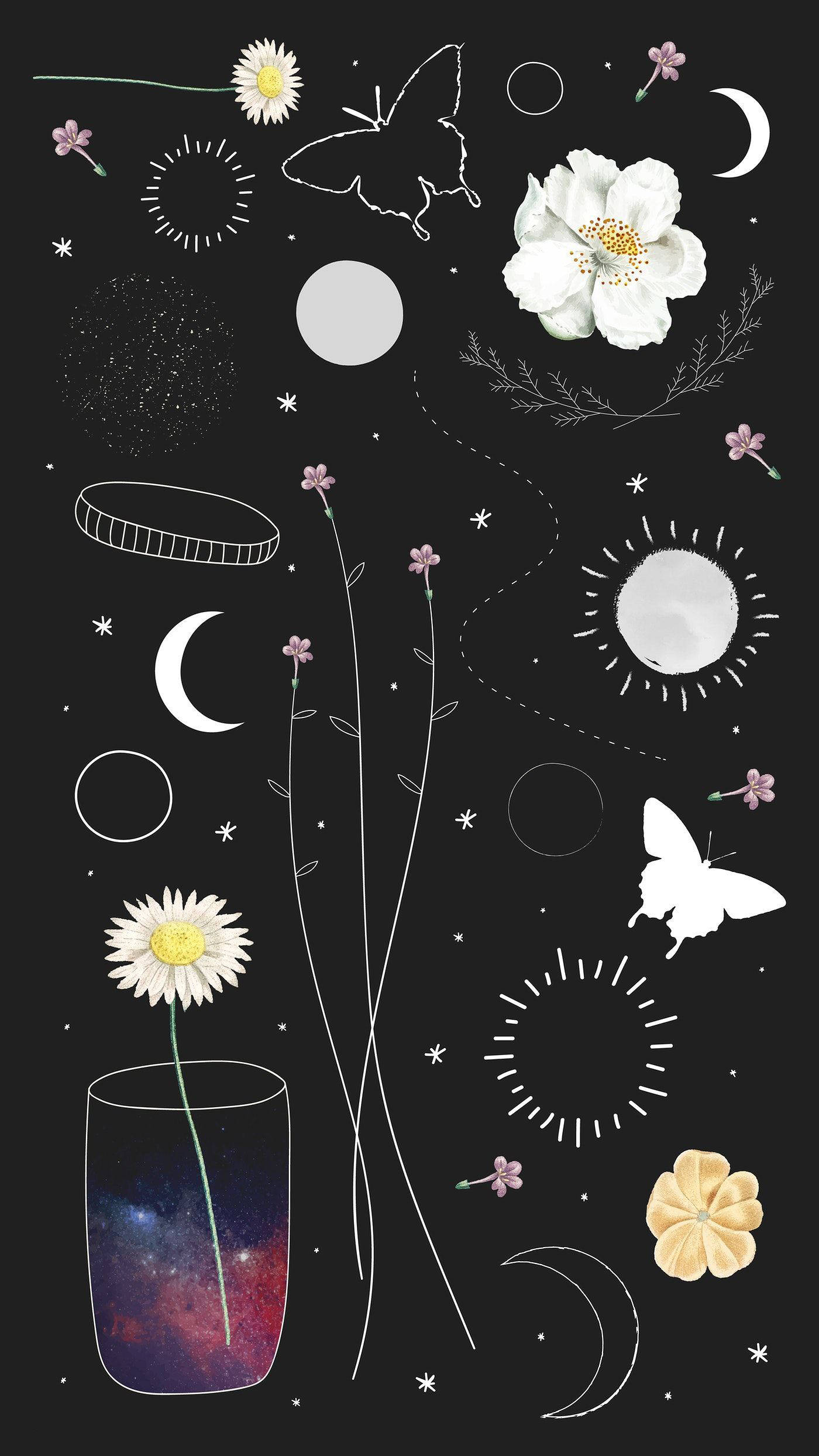 美學波希米亞 桌布 壁紙 — 白色花朵、蝴蝶和天體符號在帶有星系花瓶的黑暗宇宙背景中漂浮。