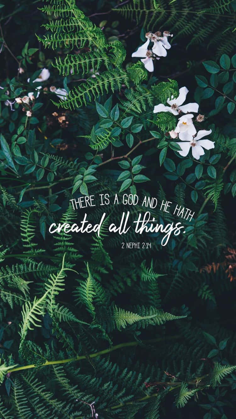 Christian Quotes 桌布 壁紙 — 白色花朵和茂密的蕨類植物在深綠色葉片中，並疊加了一句經文引用。