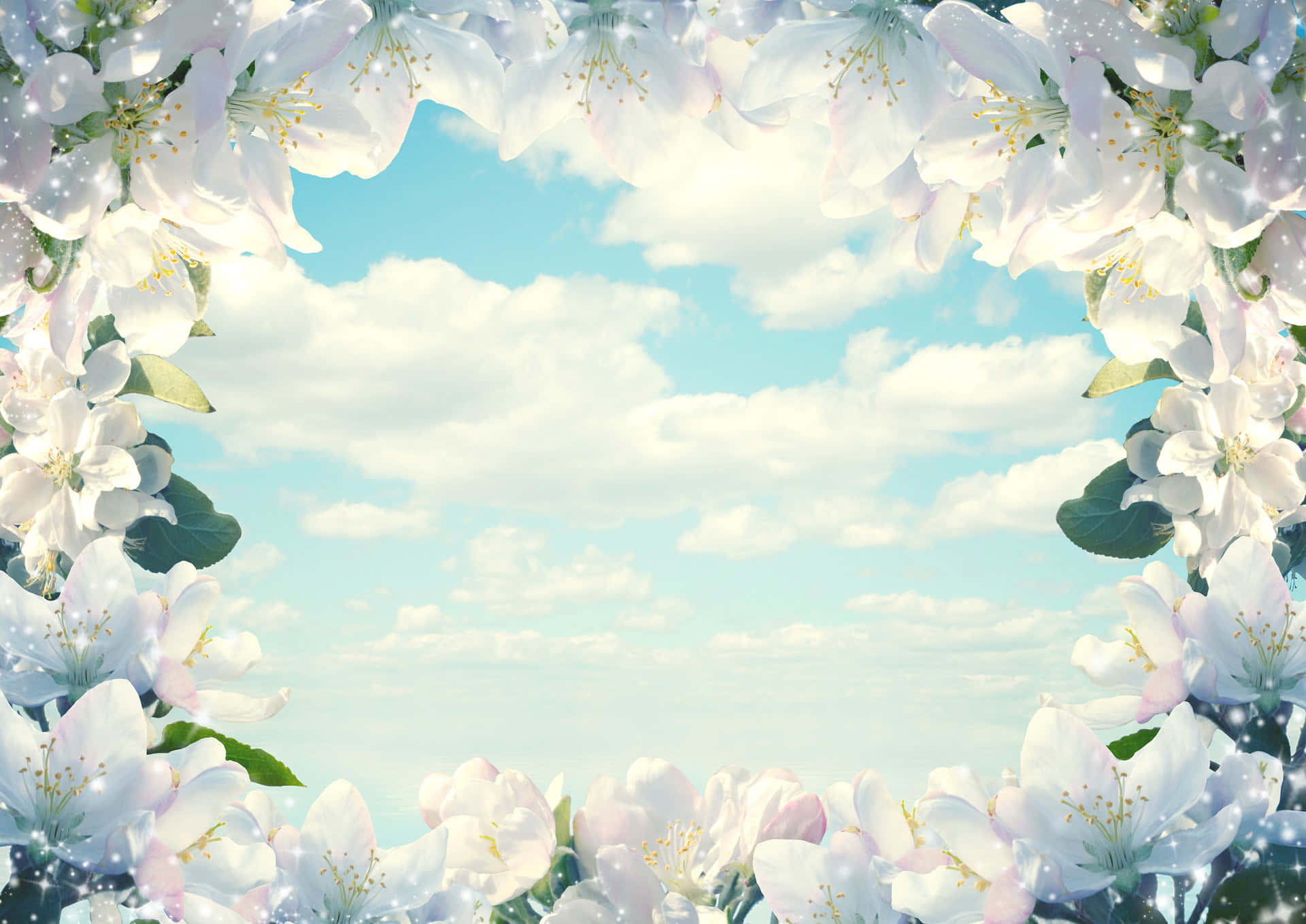 Frame 桌布 壁紙 — 白色花朵在明亮藍天、蓬鬆雲朵和閃爍粒子周圍形成精緻的花卉框架。